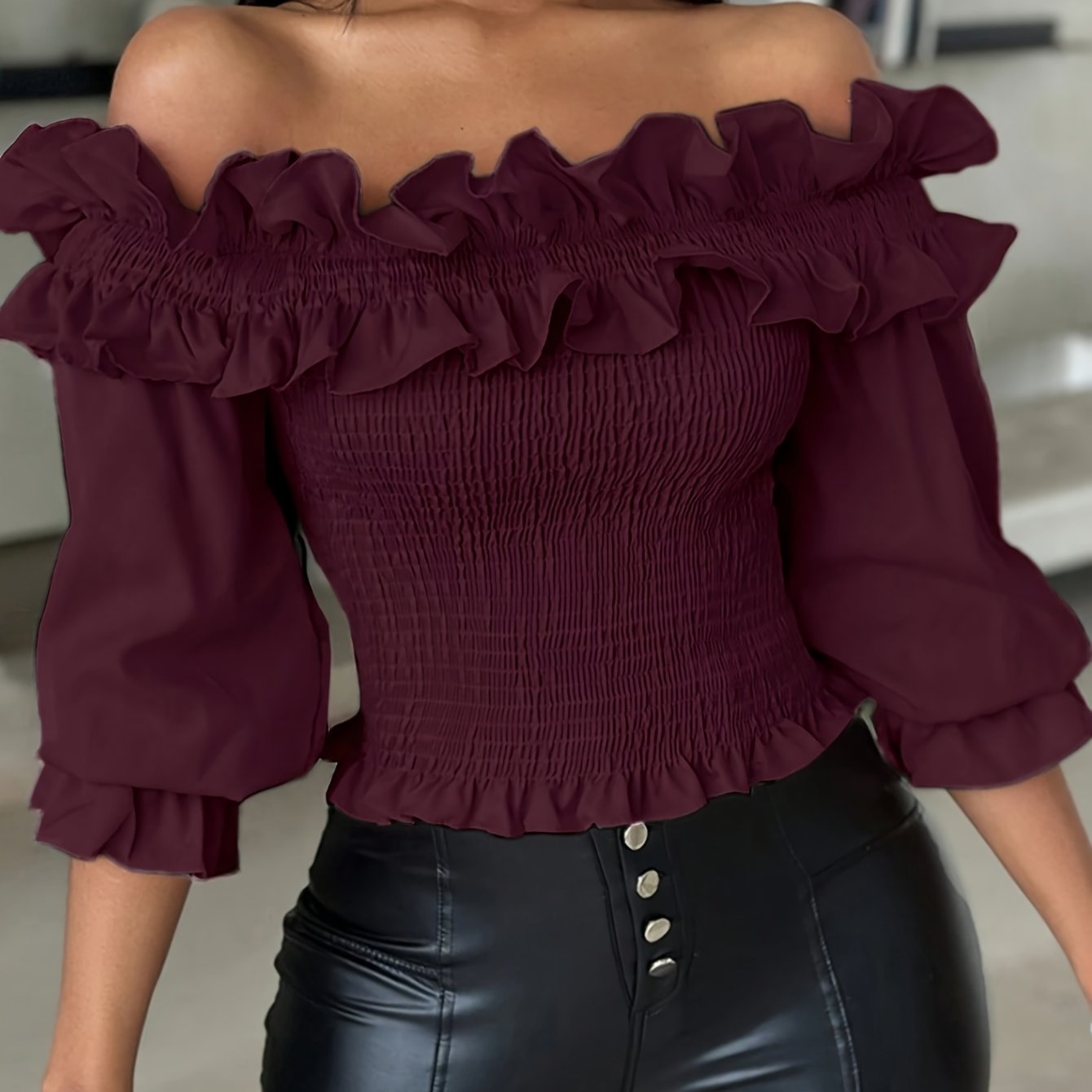 TEMU Elegant And Fashionable Solid Color Wrinkle Decoration, Shoulder Top For Spring, Summer And Autumn
