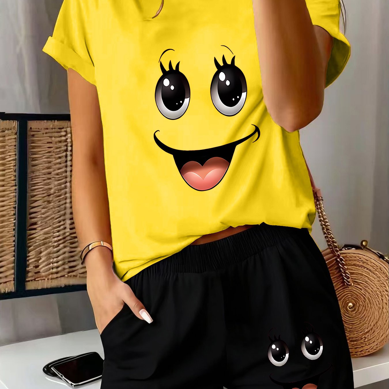 TEMU 2pcs Women's Summer Casual Sport Short-sleeve Setâcute Big- Print Short-sleeve And Shorts Set, Comfortable, Soft, And Breathable For Sports And