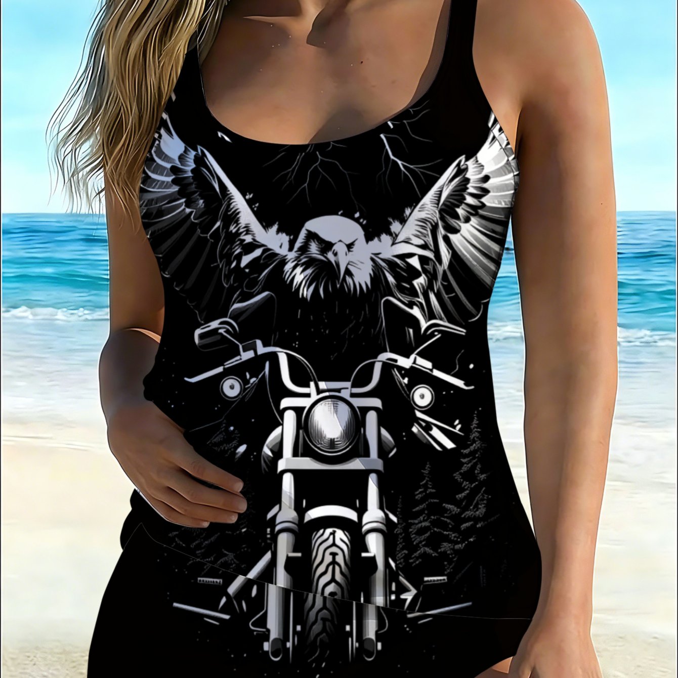 Plus-size Women's Tankini Eagle Wings Motorcycle Badeanzug Set With Bust Pads Summer Clothing Printed Style High Stretch Semi-open