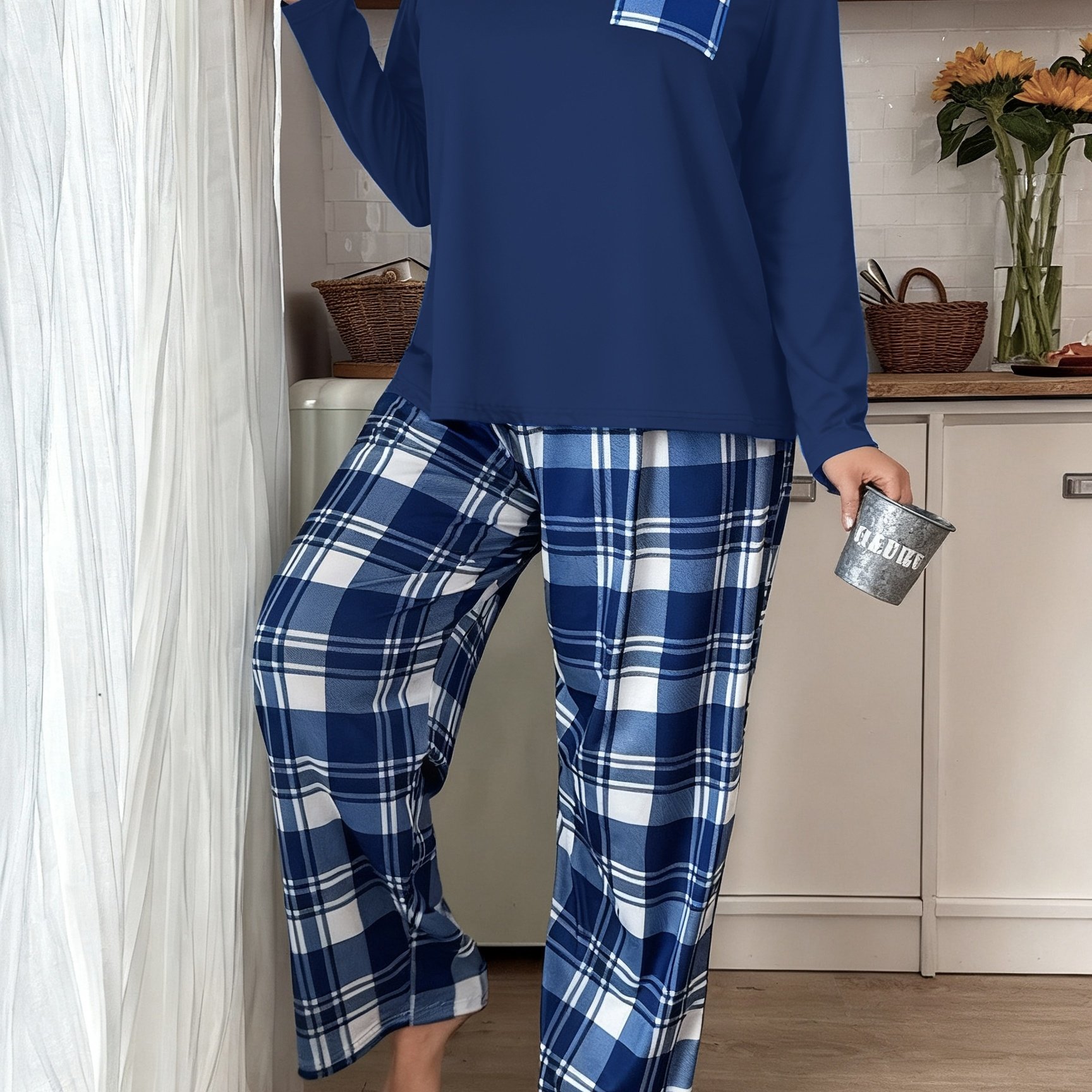 Image of Women's Plus Size Blue Checkered Pocket Round Neck Long Sleeve Top And Pants Pajama Set Plus Size Loose Soft Comfortable Casual Wear Fall Winter