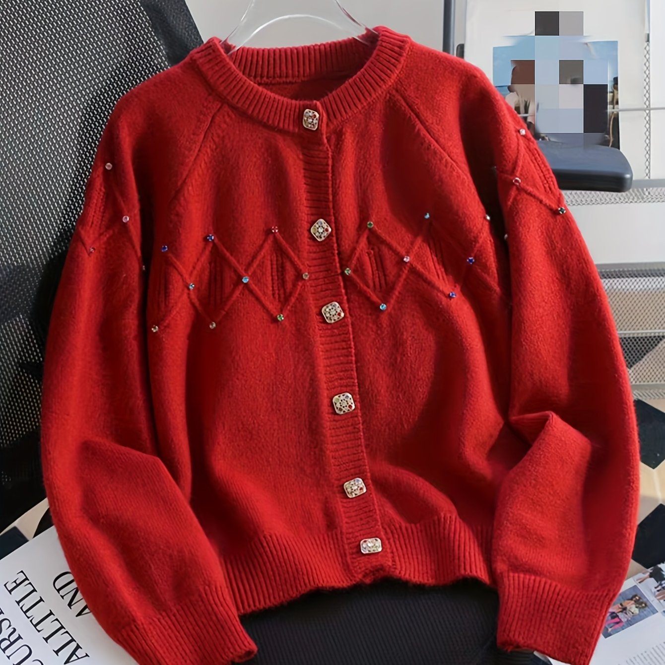 TEMU Western Autumn Winter New Women's Fashion Heavy Rhinestone Button-up Cardigan Sweater Coat
