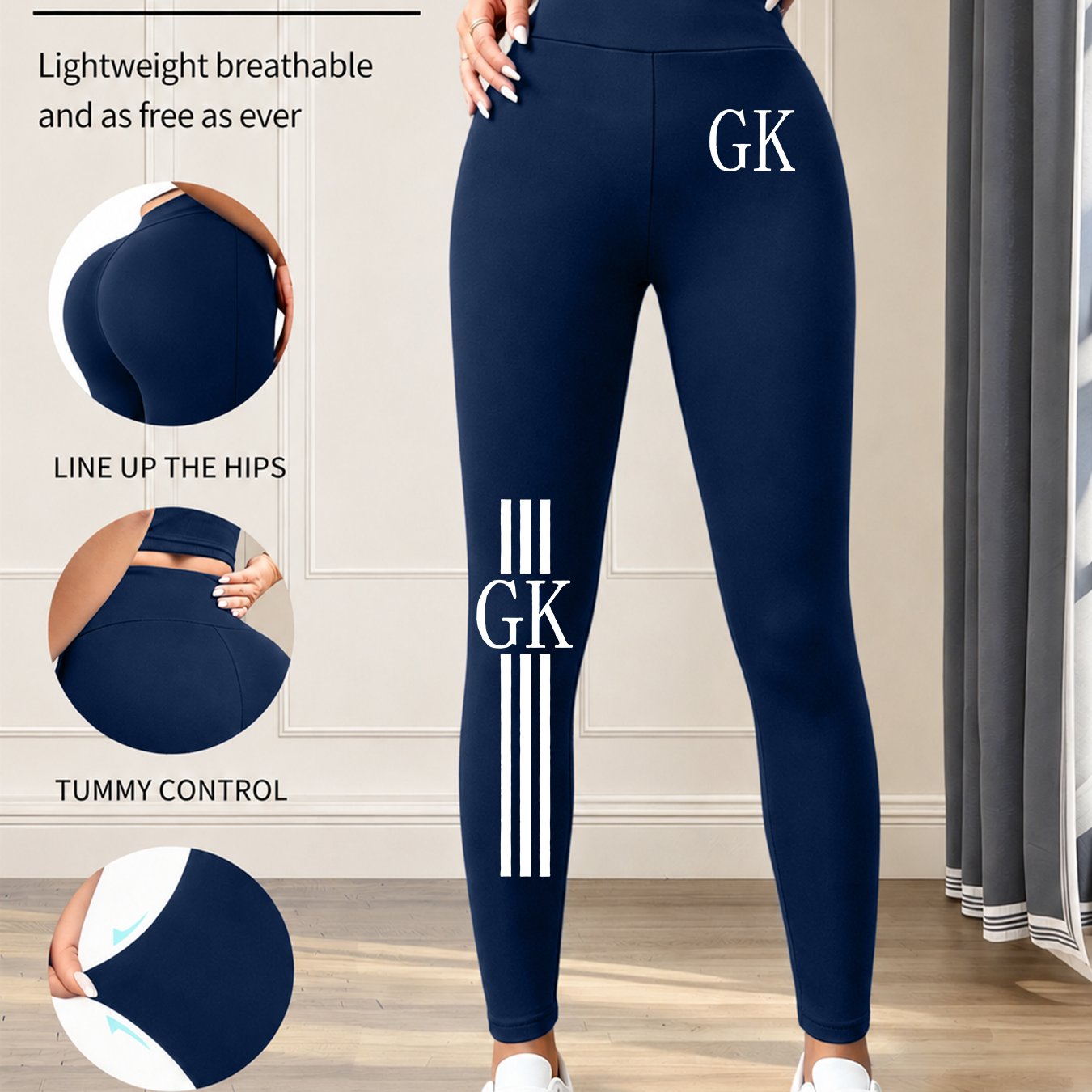 TEMU Women's Vertical Multi-stripe Gk Letter Logo Print Leggings, Full-room Soft Furnishing Home Style, High-waist Cinched-in Waist And Tummy, High-