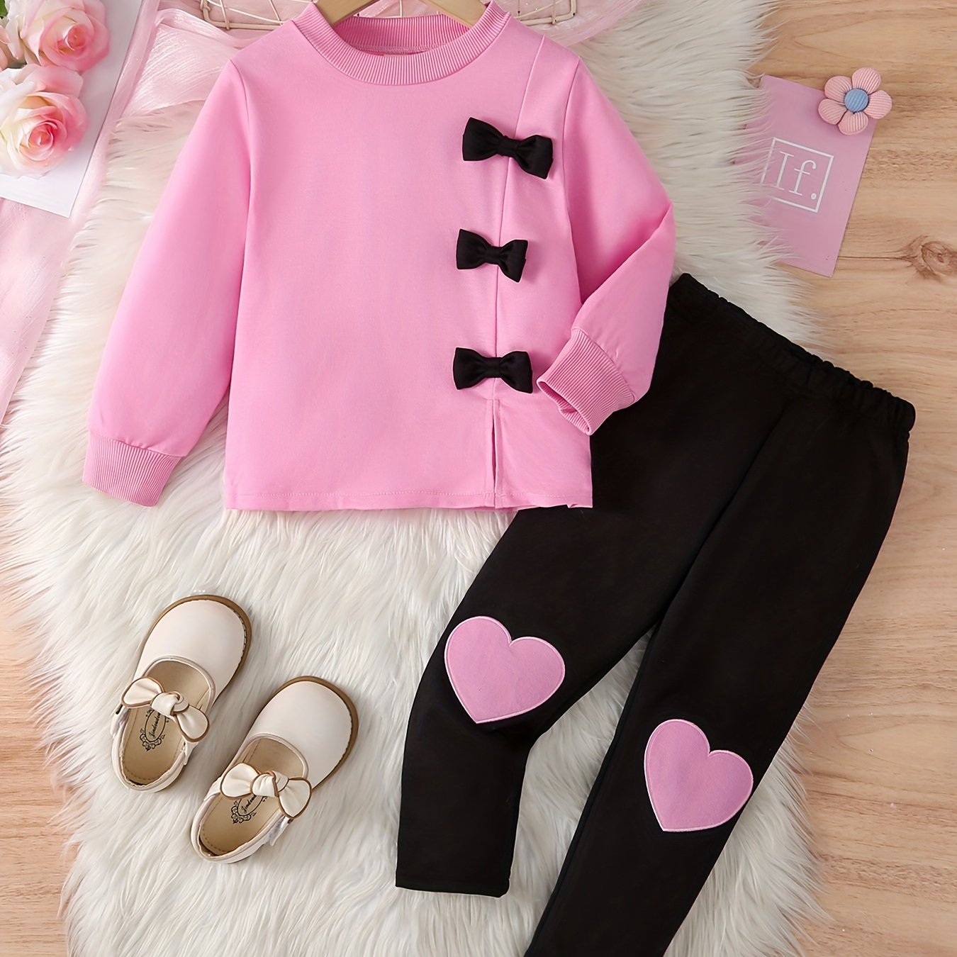 Image of Young Sweatshirt With Bow And Heart Print Leggings Autumn And Winter Two-piece Set, For Outdoor