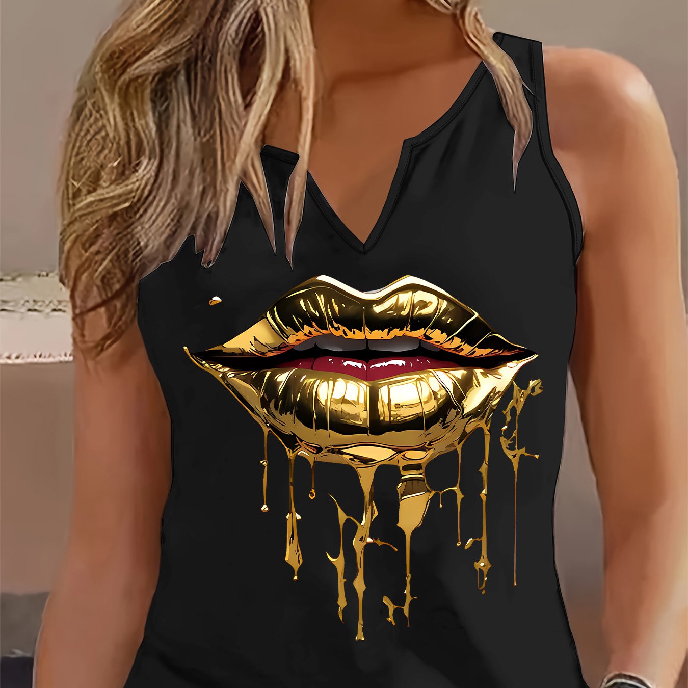 TEMU Fashionable Women's Sleeveless Top With A V-neck, Featuring A Unique Print, Stylish And Versatile Fitted Design