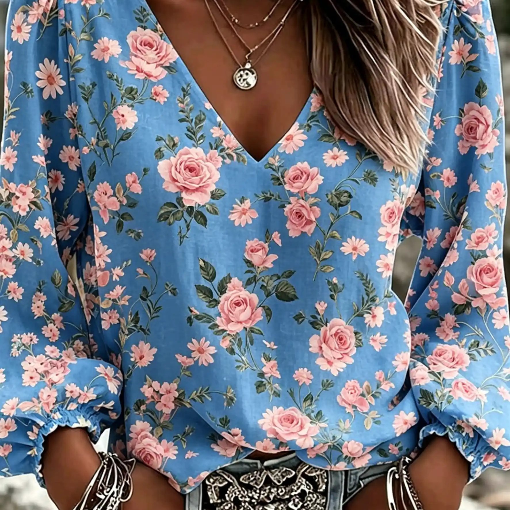 Women' Boho Blouse Shirt - Full- Pink Roses & Daisies Print Long Sleeve Blouse, Bohemian Casual Summer Outfits Suitable For Spring/summer Wear, Machine Washable Non- Blouse For &