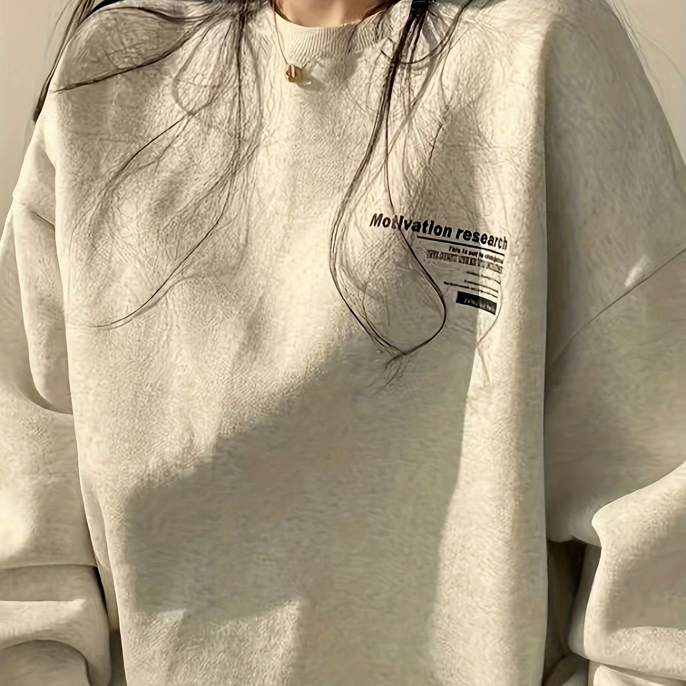 Small Letter Print Round Neck Pullover Sweater, Light Floral Gray Loose Drop Shoulder Long Sleeve Sweatshirt