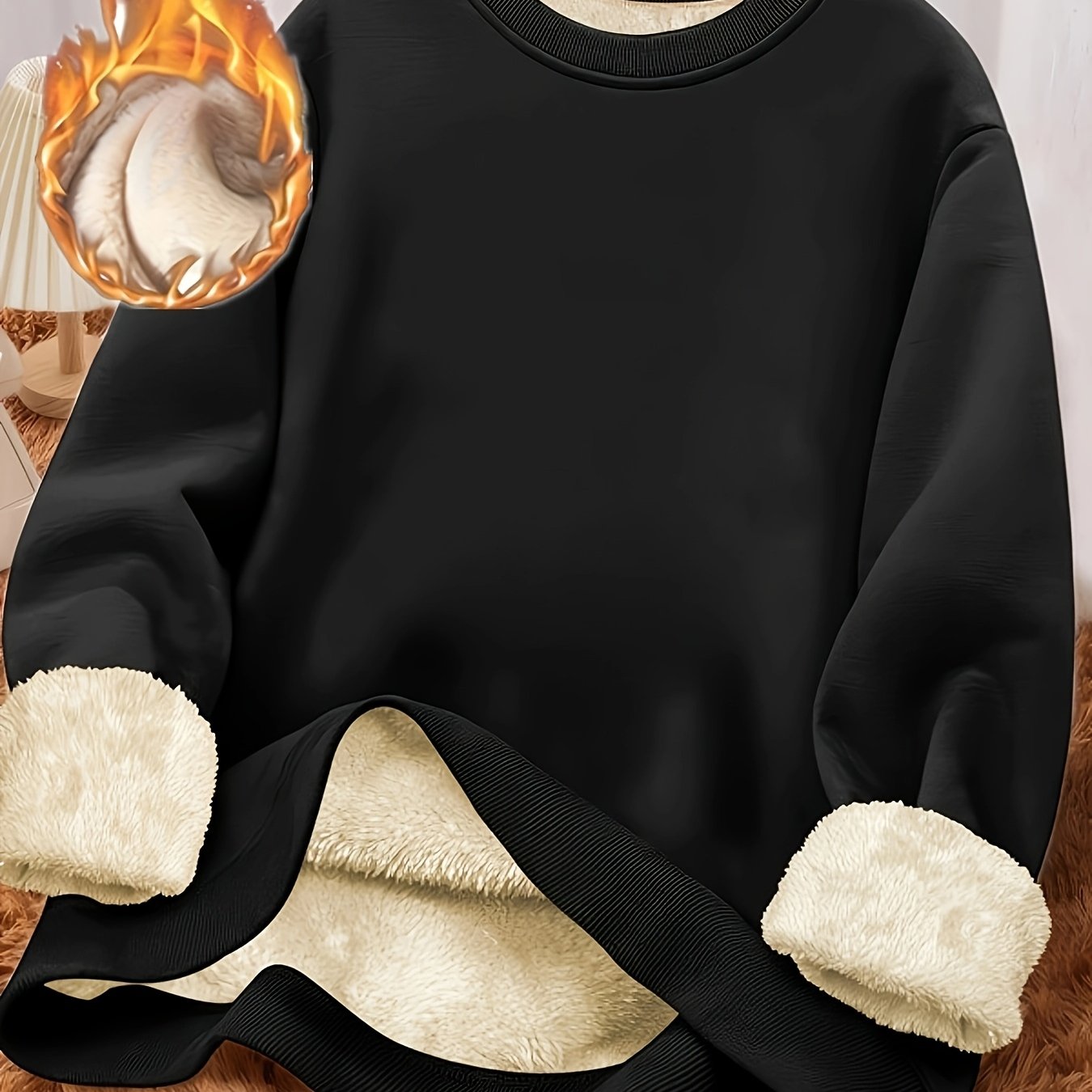 TEMU Plus Size - Plus Size - Plus Size Black Solid Color Fleece-lined Thickened Lamb Round Neck Sweatshirt Women's Warm Top