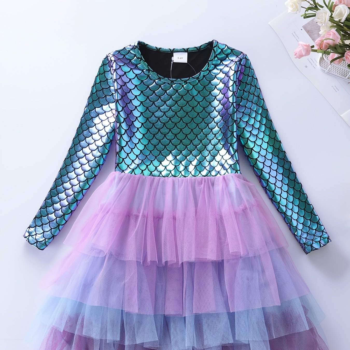 Image of Combination Set: Long-sleeve Mermaid Mesh Gradient Dress For Girls Lh1712