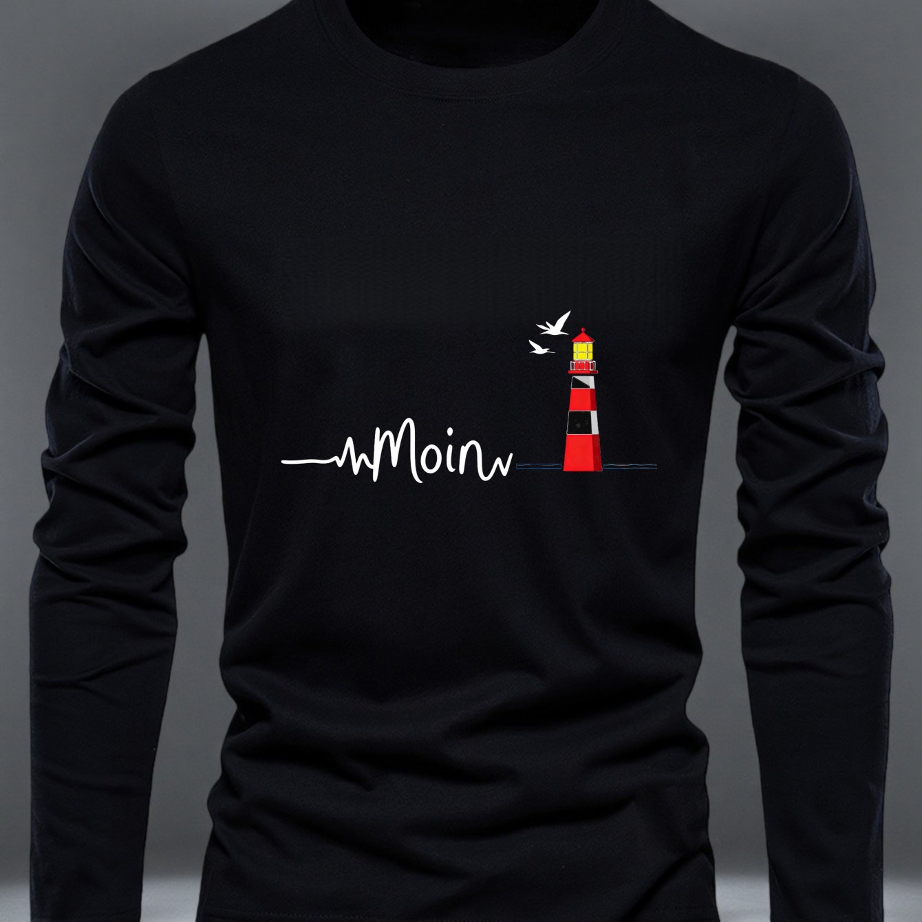 Image of Men's T-shirt, Long Sleeve, 100% Cotton, Lighthouse And Moin Wave Pattern, Men's Base Layer Top, Crew Neck, 2026 New Arrival Long Sleeve T-shirt, Shipping