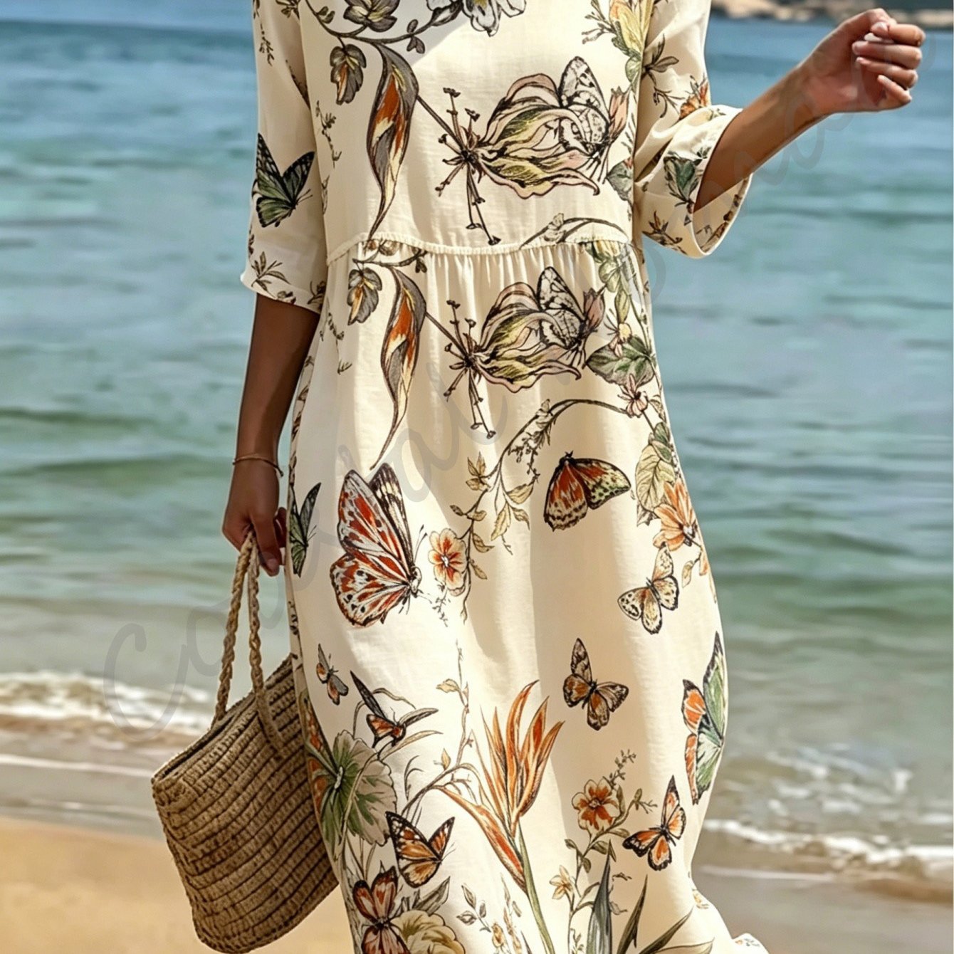 Image of Women's Summer Dress, Round Neck, Three-quarter Sleeves, -style Retro Midi Dress, Breathable Polyester Fabric, 2d Printing. Suitable For Commuting And Vacation.