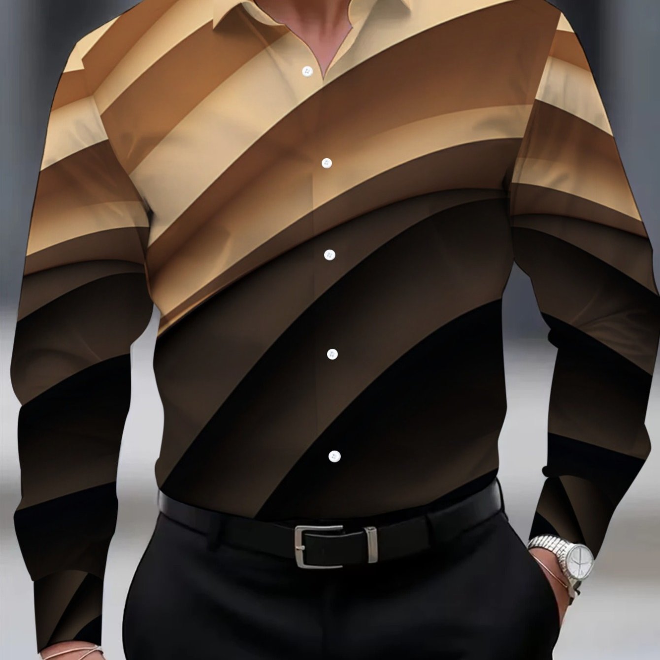 TEMU Men's Striped Long Sleeve Shirt In Brown And Beige, Lightweight And Durable For Office, Restaurant, Or Casual Wear, With