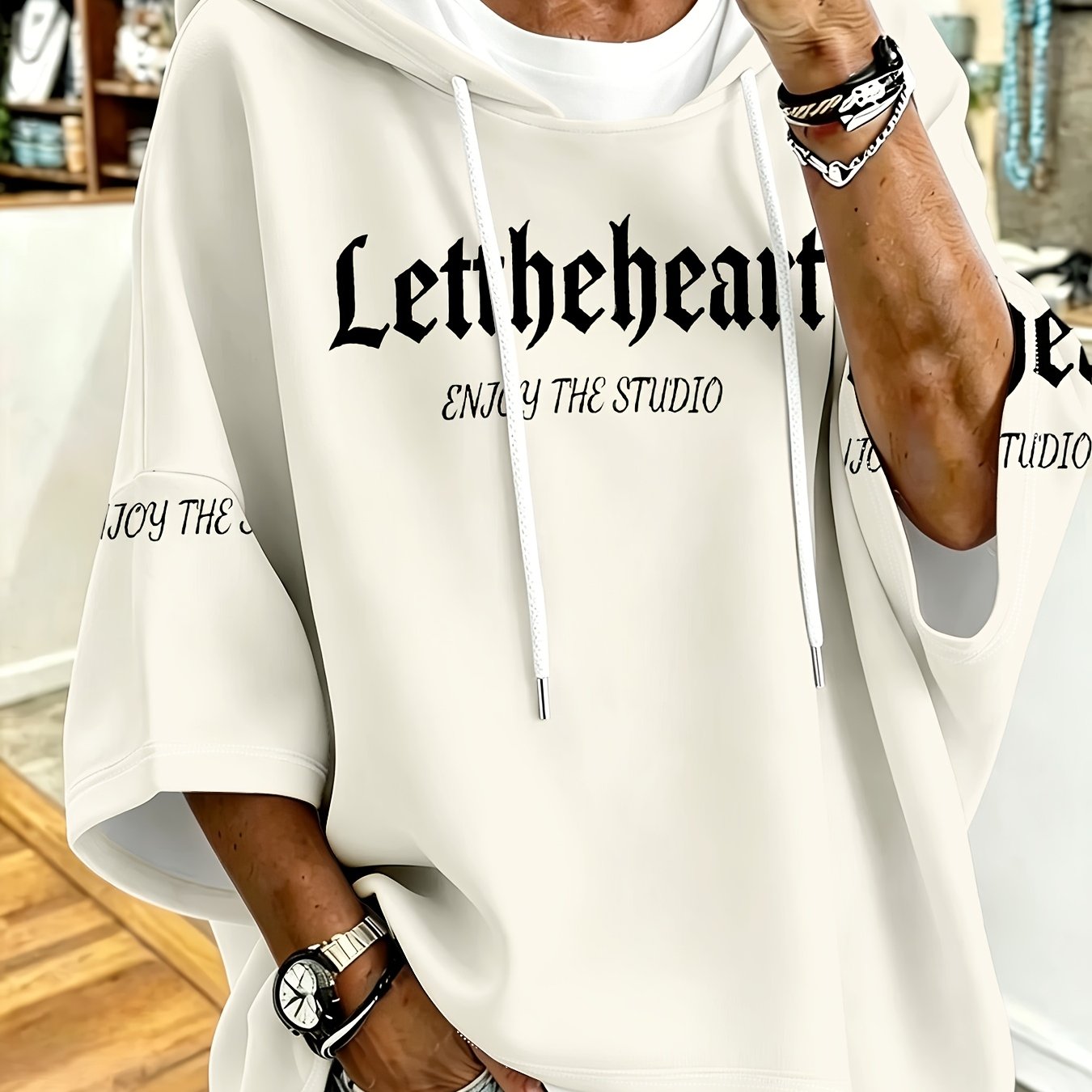 TEMU Plus Size, Plus-size Women's Hoodie, Beige And Black Gothic Letter Print Loose Drop-shoulder Sleeve Hooded Sweatshirt, Fashionable And Cool