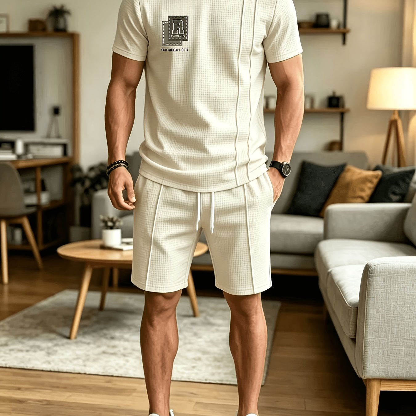 TEMU Summer Men's Casual Round Neck Waffle Fabric Print Short Sleeve Shorts 2pcs Set, Suitable For Daily Outdoor Leisure And Beach Vacation Wear