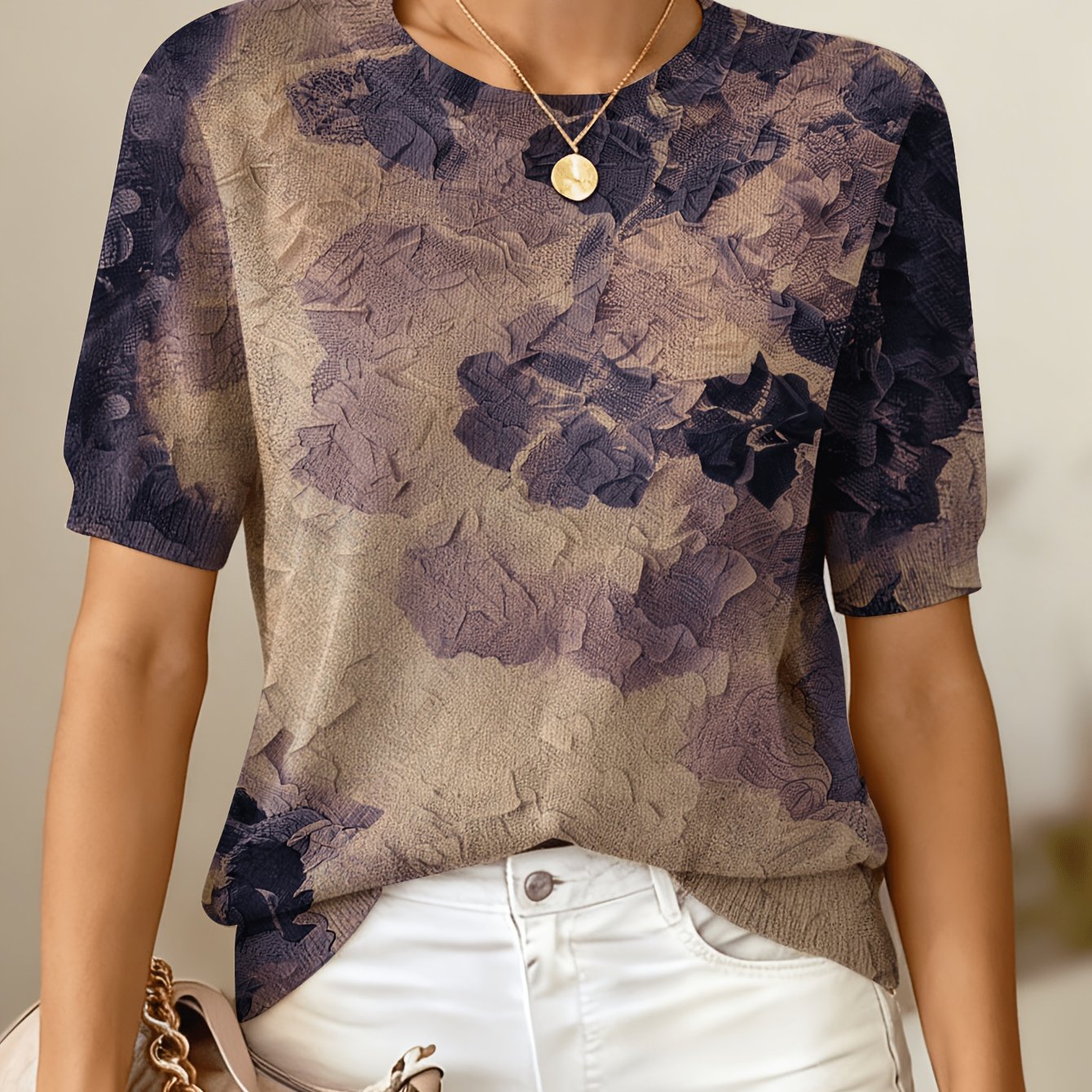 TEMU Spring And Summer Neck Short-sleeved Women's Elegant Non-textured Printed Loose Design -friendly Breathable Holiday Commuting Fashion Top Size