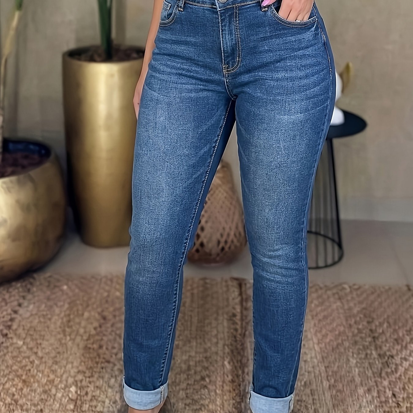 Plus-size Women's Casual Denim Long Pants, Blue Casual Slim Fit, Heavy-washed Denim Pants, Designed With Square Pockets, Three-dimensional Cut, Simple And Trendy Style, Durable Fabric, Suitable For