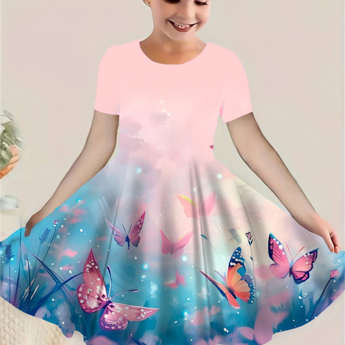 TEMU Girls' Pink Dress, Girls' Pink Short Sleeve Dress, Clothing New Casual Animal Clothing Spring Summer Short Sleeve Dress