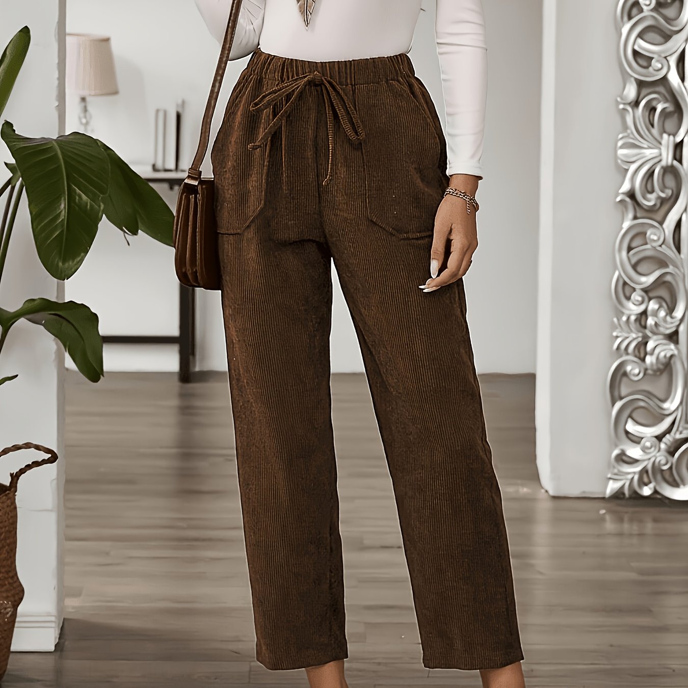 TEMU Pantalon jupe en velours ZD260610018 pour femmes, pantalon droit et polyvalent pour femmes avec ceinture élastique à la taille, pantalon