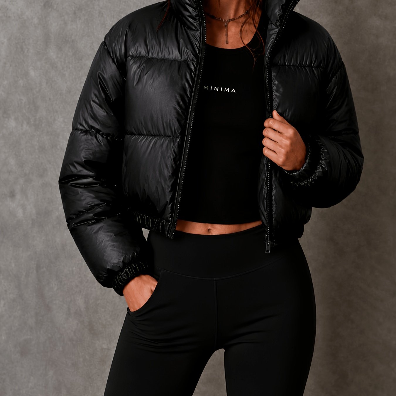 TEMU Women's Glossy Short Padded, Stand Collar Zipper Long Sleeve Short Padded Top, Autumn/winter Casual Warm Outerwear