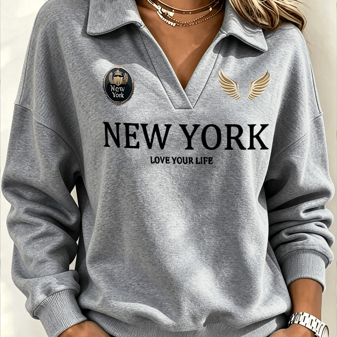 TEMU Women's Lapel Sweatshirt With Artistic Letter Print Pattern - Y2k Fashion Casual Sport Long Sleeve Pullover, New -lined Style For Autumn/winter