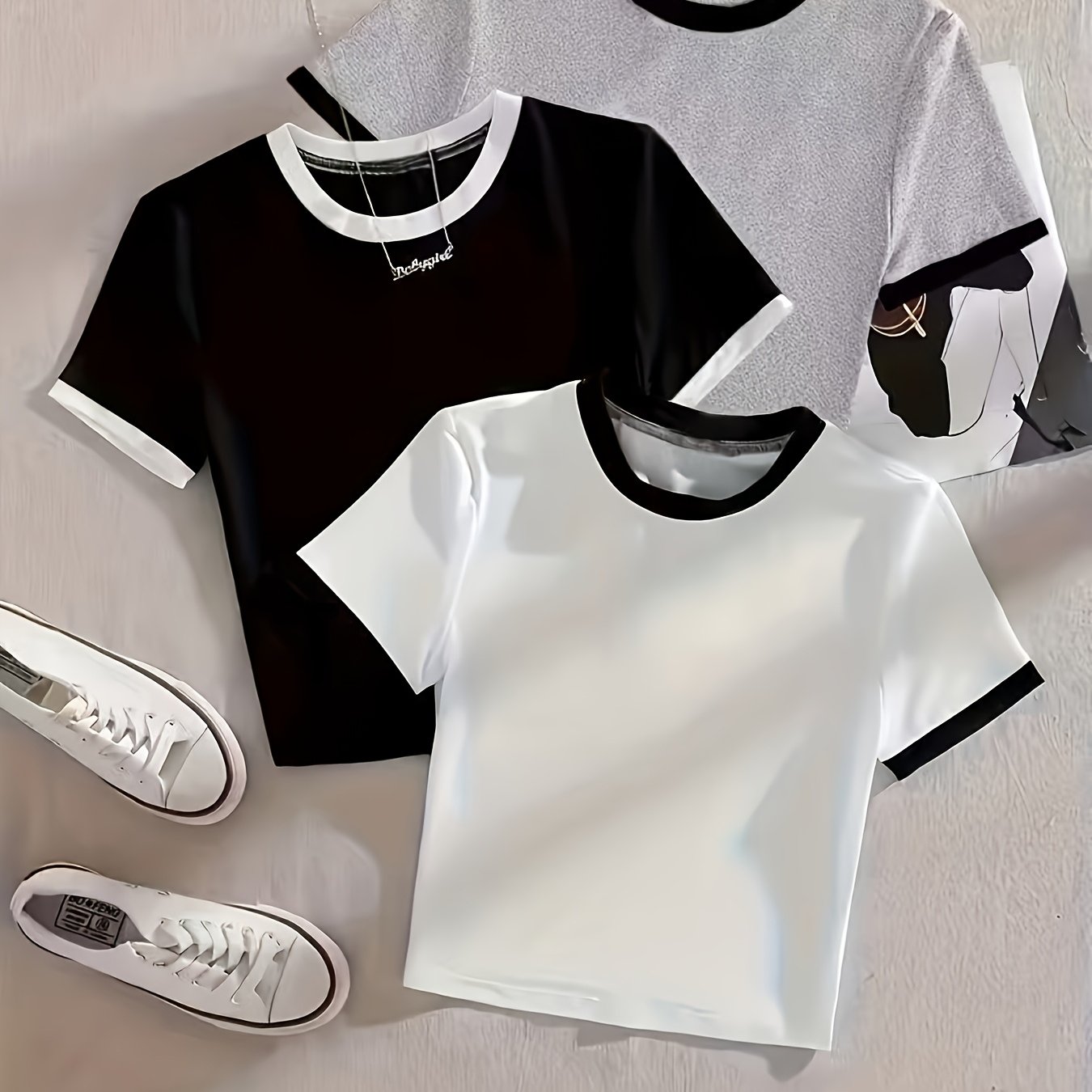 TEMU Conjunto de 3 camisetas de manga corta con dobladillo de , cuello de bloques de color, de y diseño simple