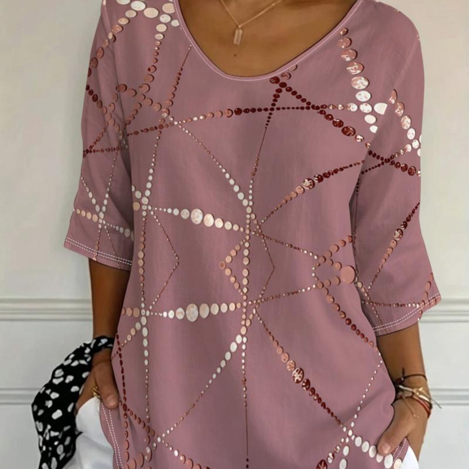 TEMU Plus Size, Plus-size Women's Top, Three-quarter Sleeve T-shirt, Mixed Colors, Multiple Sizes , Geometric Polka Dot Pattern, For Daily Casual