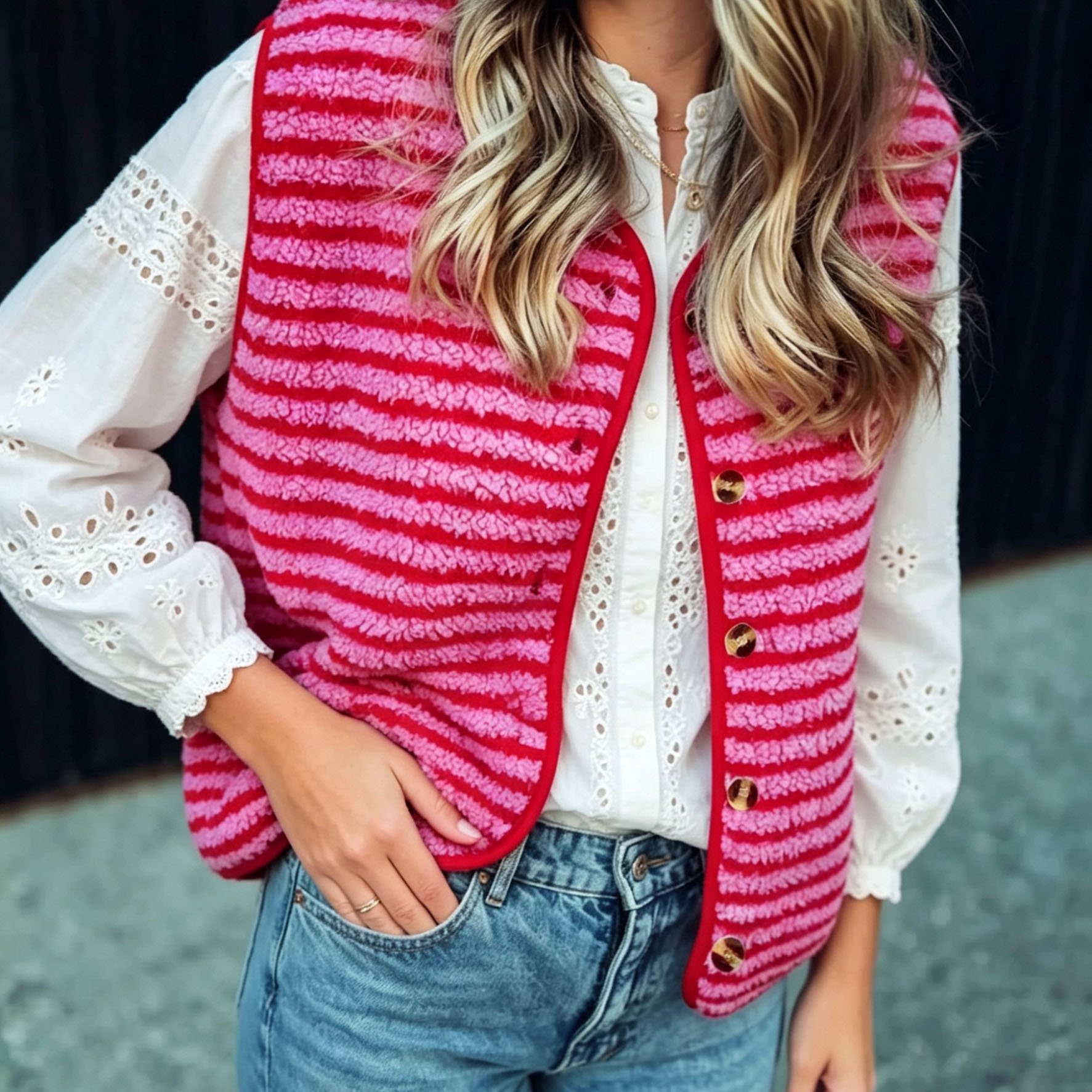TEMU A Striped Plush Vest Jacket For Daily, Holiday, And Evening Dates, Suitable For All : Autumn, Winter, And . New Style In Rose Red For Christmas,