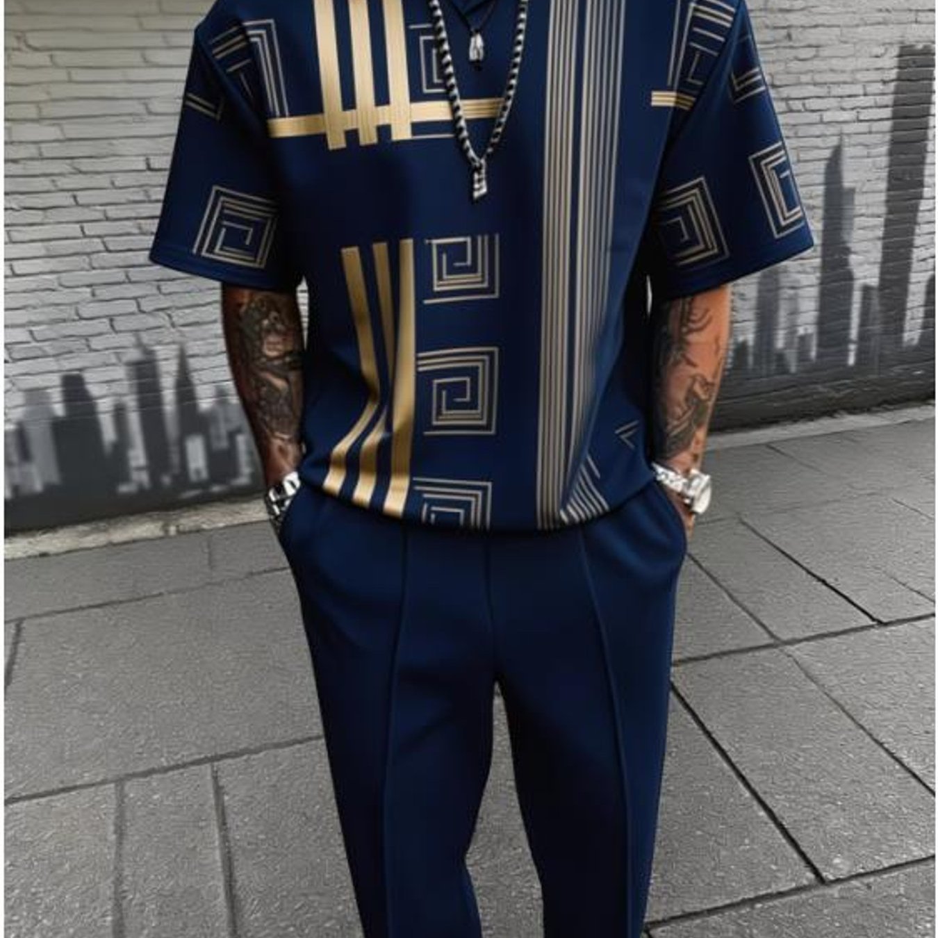 Image of Urban Geometric Architectural Men's Casual Outfit 2pcs Streetwear Set Relaxed Fit Daily Wear Weekend Wear Vacation Outfit Gift For Husband Birthday Gift Trendy Men's Fashion Stylish Set, Plus Size