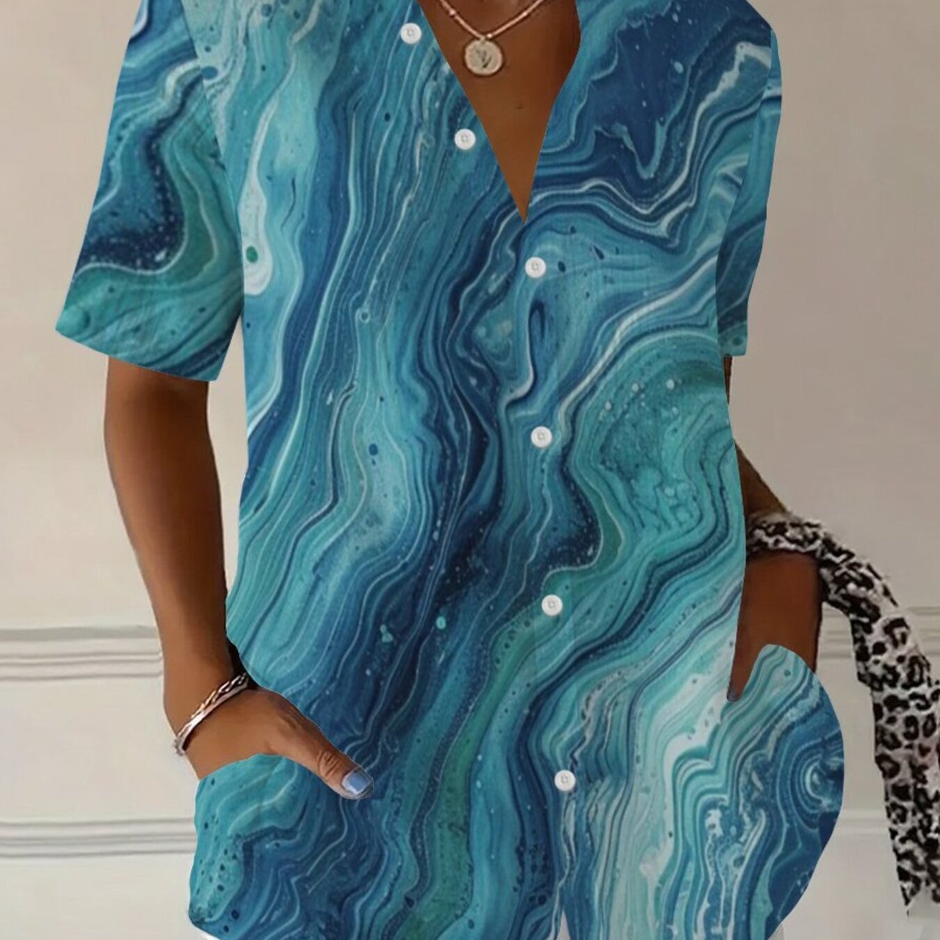 TEMU Summer Plus Size Women's Teal Blue Fluid Marble Texture Print Short Sleeve Shirt, Loose Fit Casual Button Cardigan For Daily Commuting And Beach