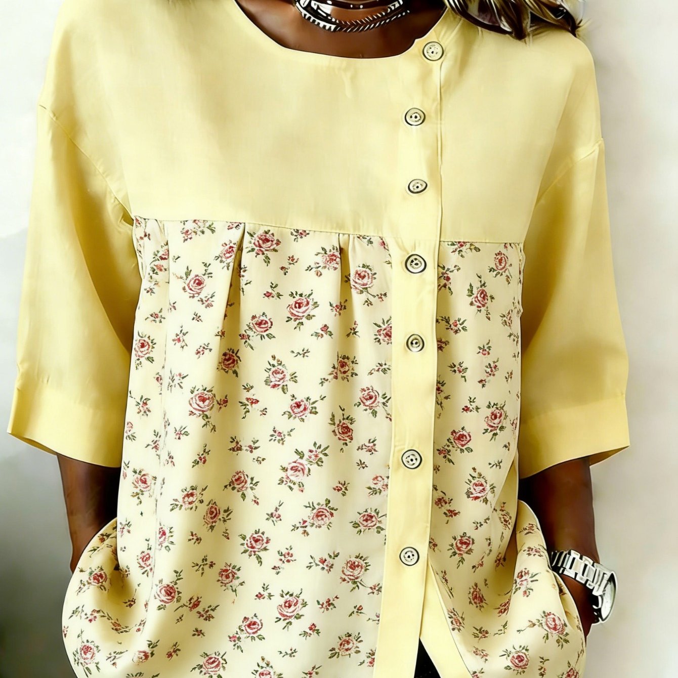 Plus Size - Plus Size Women's Crew Neck Button Up Top, Autumn Yellow Floral Summer Dress, Easy Elegant And Style Suitable For , From Casual To Semi-formal Settings, For A Mother, Sister Or Friend