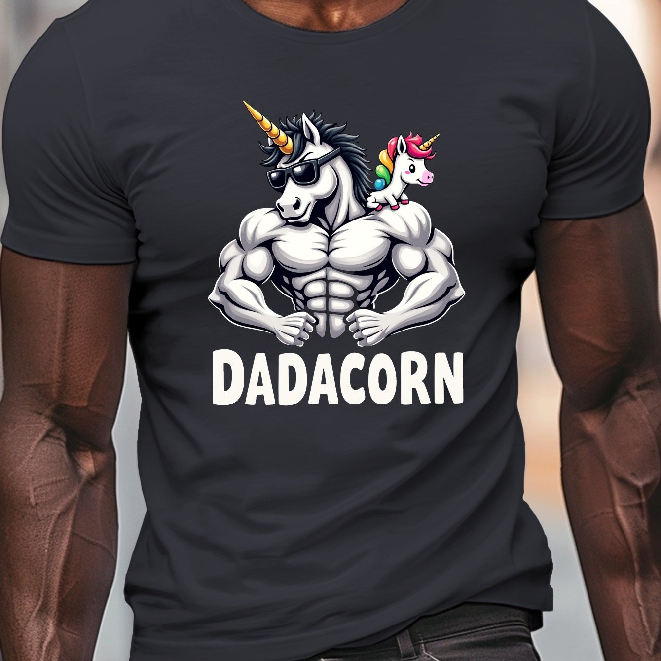 TEMU Men's "dadacorn" Unicorn Graphic Tee - Black Casual Crew Neck Short Sleeve T-shirt, Lightweight Summer Top With Stretchy Fabric, Perfect For