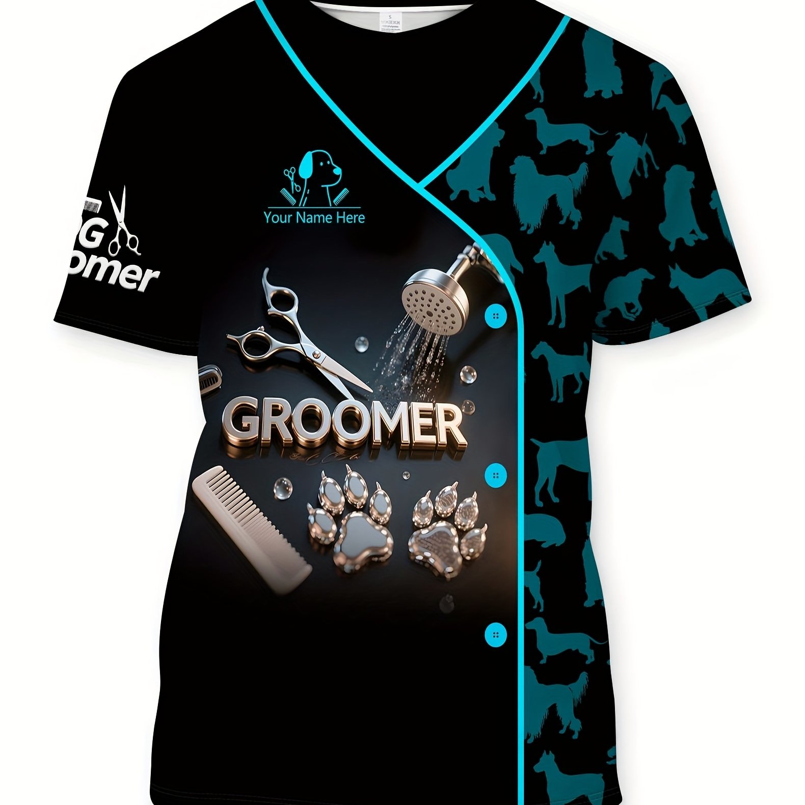 TEMU [customization] Custom Name Printed T-shirt, Dog Paw Print Round Neck Short Sleeve T-shirt, , Pet Store Staff Uniform Casual Elegant T-shirt,