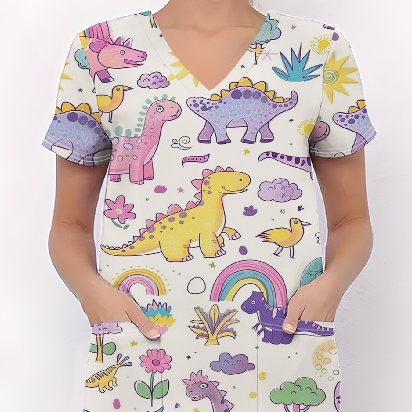 TEMU Ladies' Fashionable V-neck Short-sleeve Work Uniforms With Pockets, Featuring Fun And Cute Animal Elements, Breathable And Casual Elegant Style,