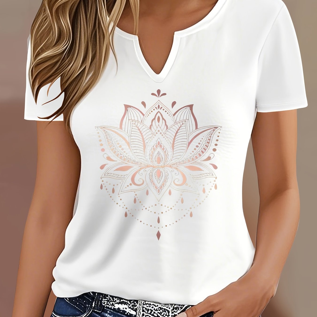 Letter Print T-shirt, Short Sleeve V Neck Casual Top For Summer And Spring, Women's Clothing