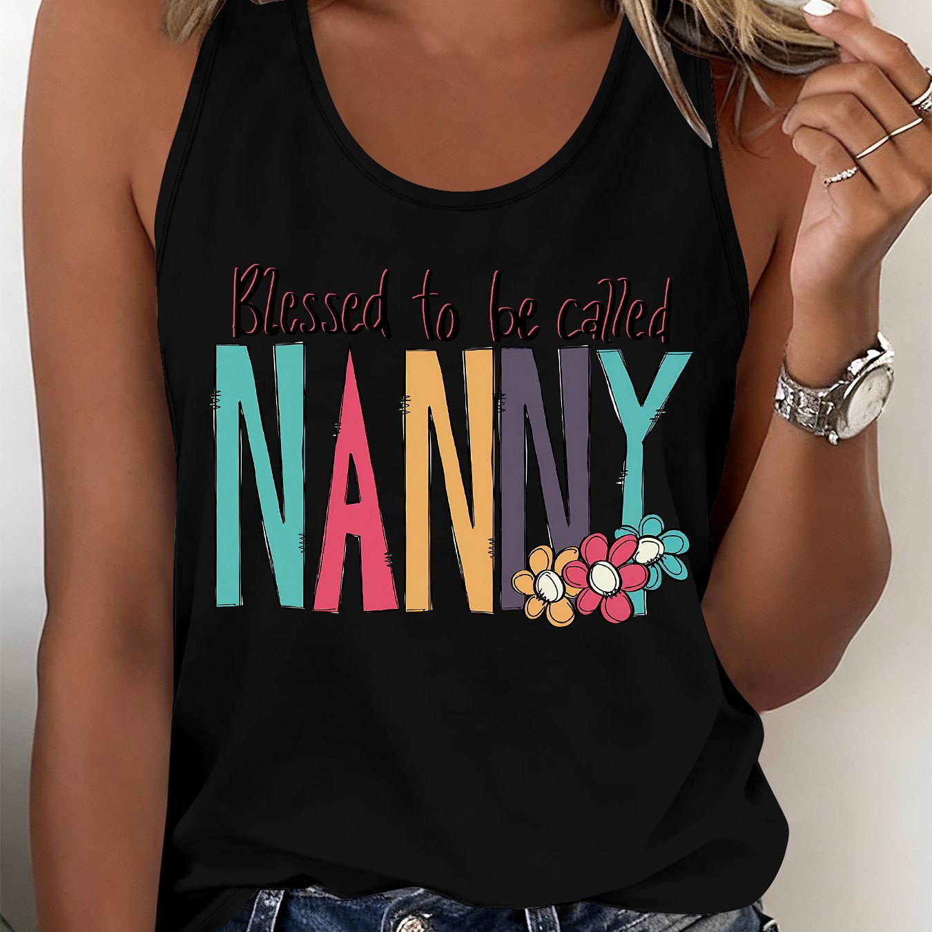 TEMU And Summer Tank Top For Women, Sleeveless Top With 'blessed To Be Called Nanny' Print, Casual And Everyday Wear