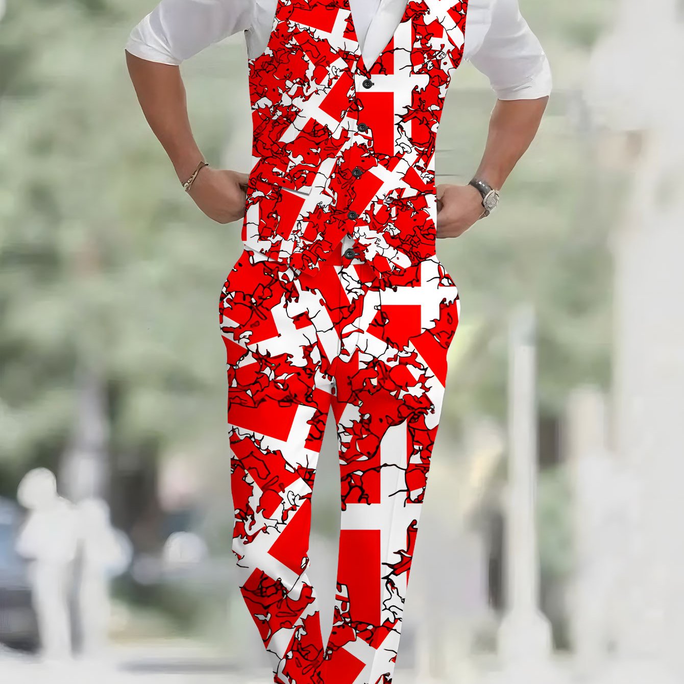 TEMU Men's Fashion Two-piece Set Featuring A Vest And Trousers In A Red And White Abstract Pattern, Casual Trendy Suit Vest And Pants Combination,