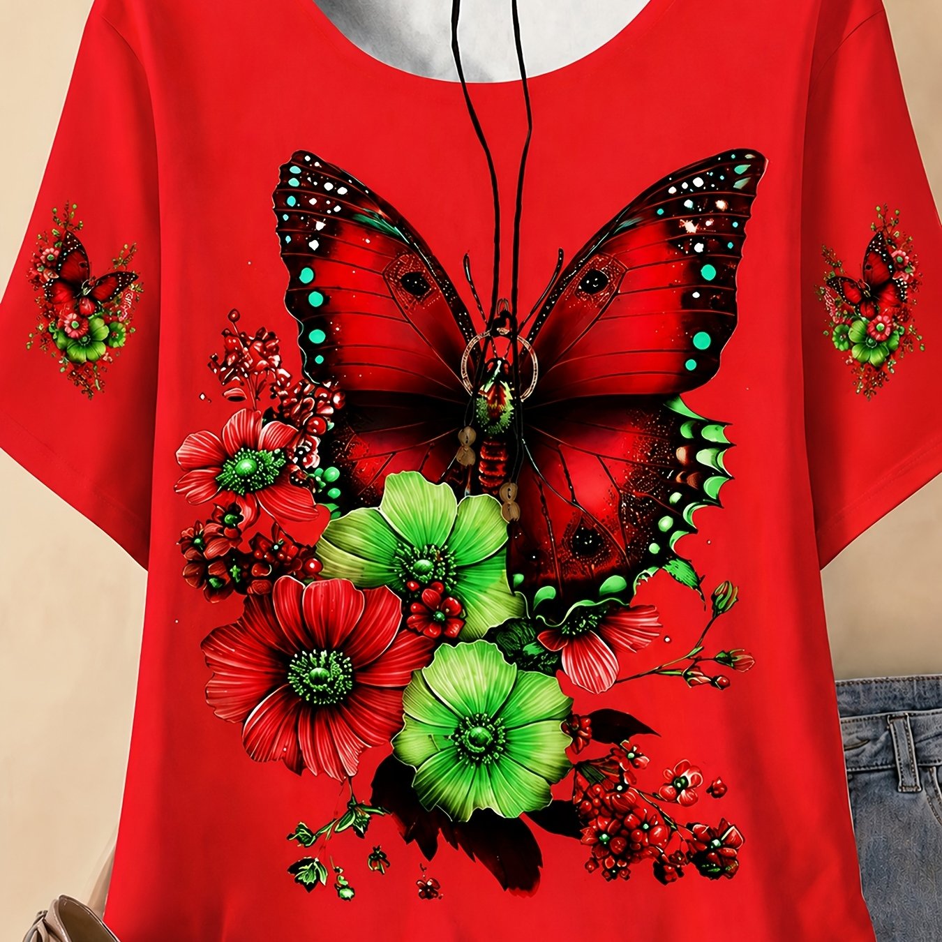 TEMU Women's Floral Print T-shirt- Vibrant Pink And Purple Design, Spring/summer Short Sleeve Round Neck Casual Top, Summer Top| Vibrant Printed Top|
