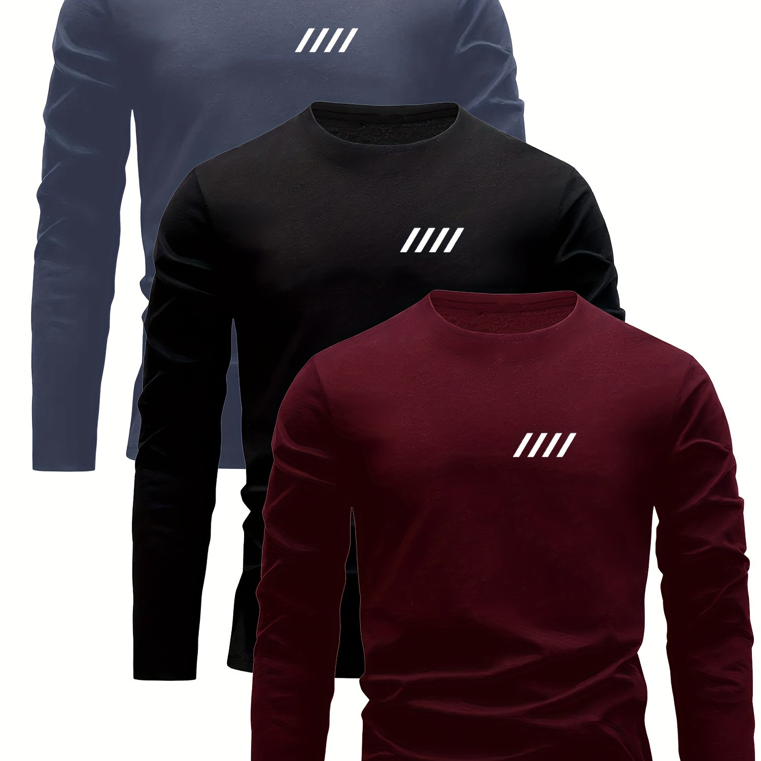 TEMU 3pcs Mixed Pc Men'-light Long Sleeve Crew Neck T-shirt With 4 Slash Print, Quick-drying, Breathable, And Sweat-wicking Shirt, Casual Men's Long