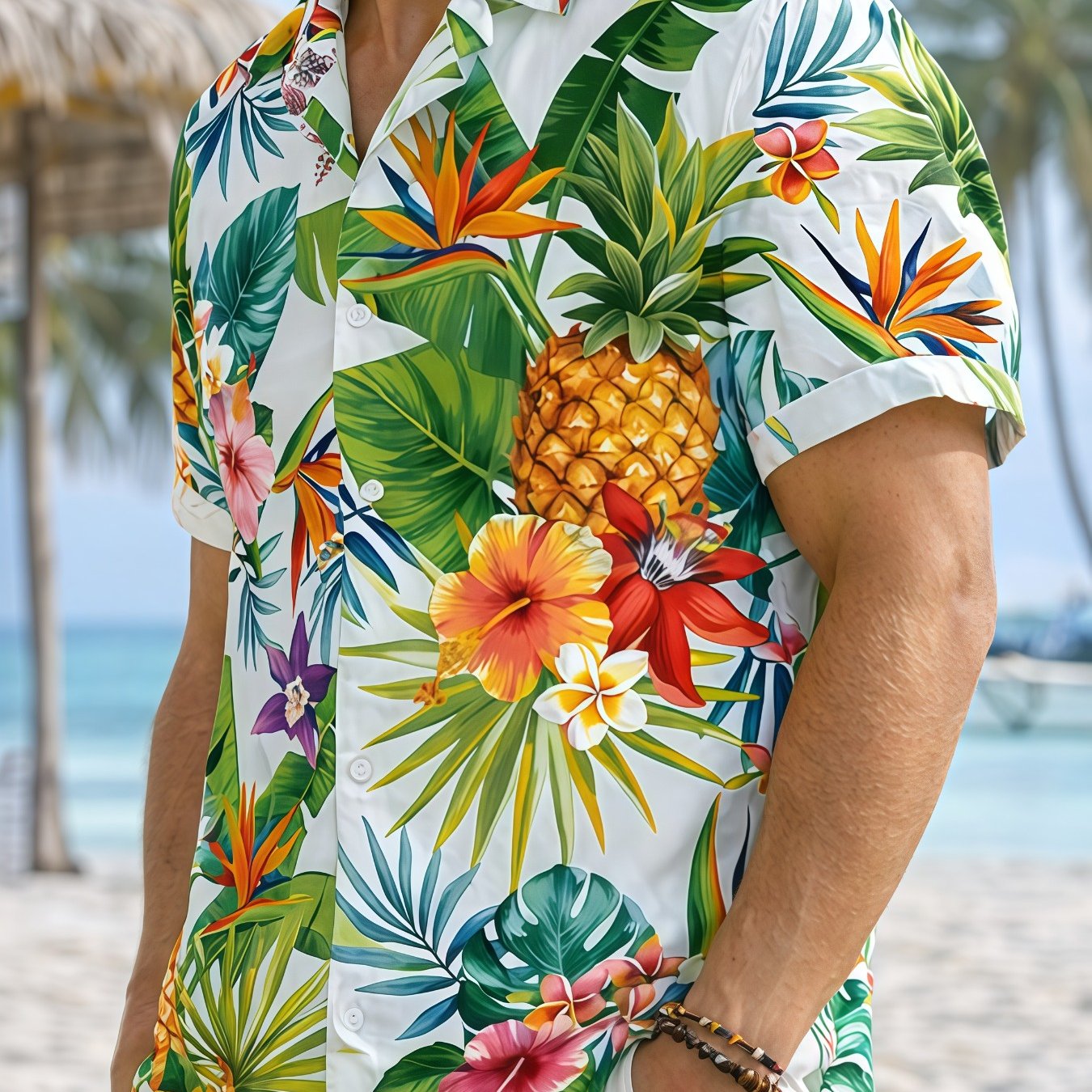 TEMU Pineapple Print! Hawaiian Shirt With , Summer Beach Vacation Floral Shirt
