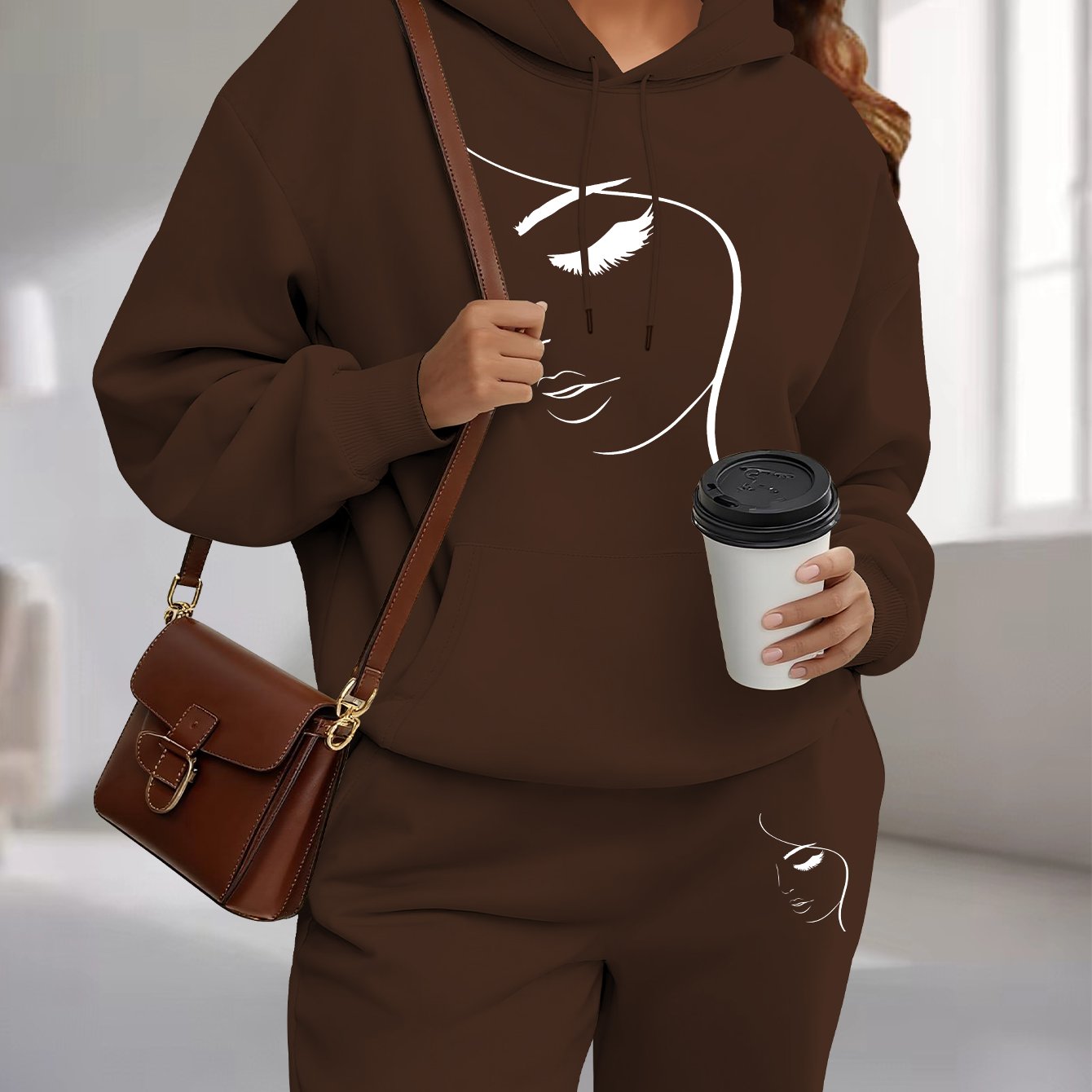 TEMU Plus Size, Plus-size Hooded Sweatshirt And Sweatpants Set - Minimalist Gentle Side Profile Print - Comfortable, Stretchy Fabric, Suitable For