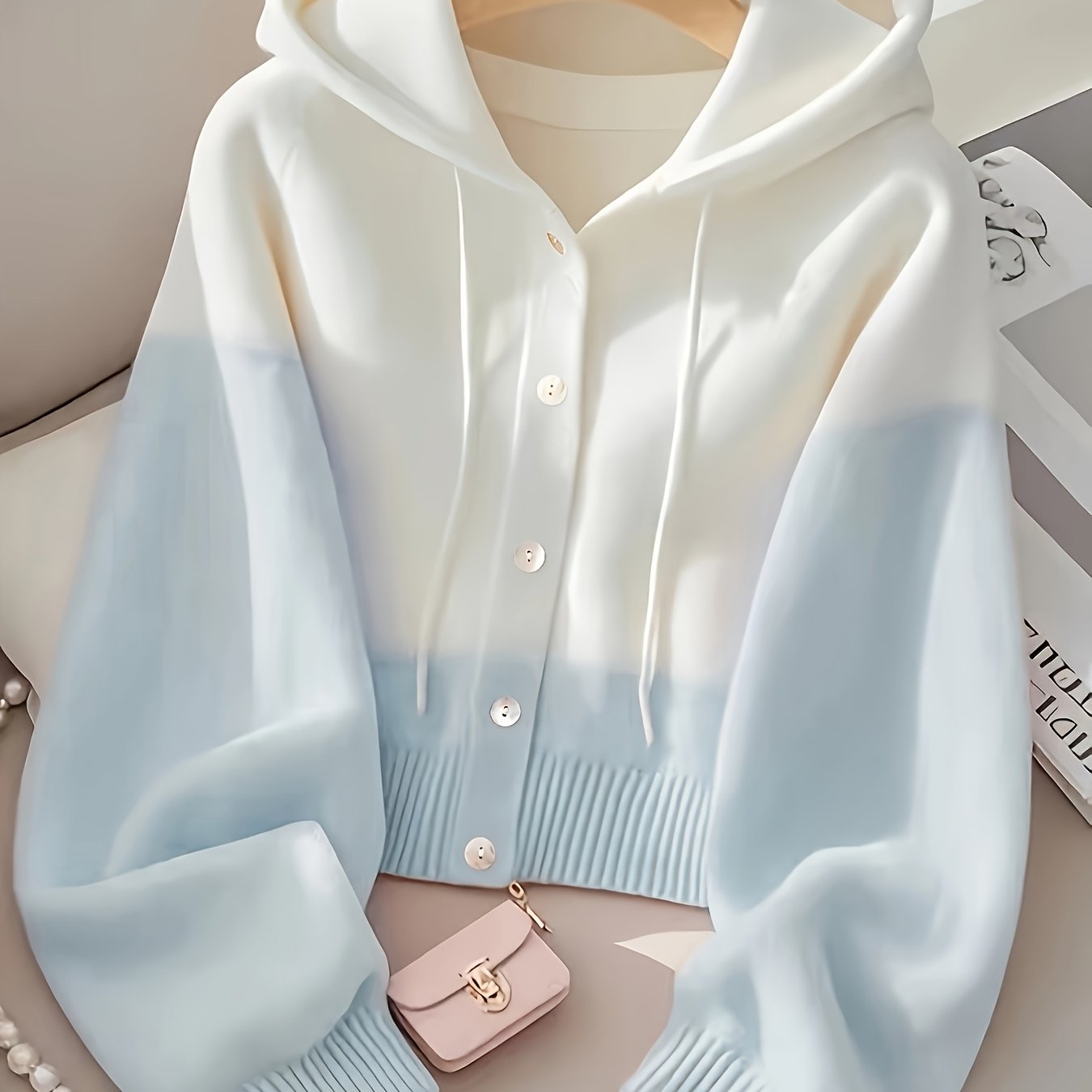 TEMU Women's Korean-style Hooded Cardigan Sweater - Color Block Front Button Closure, Loose Fit Button-front Door Suitable For Office Commuting,