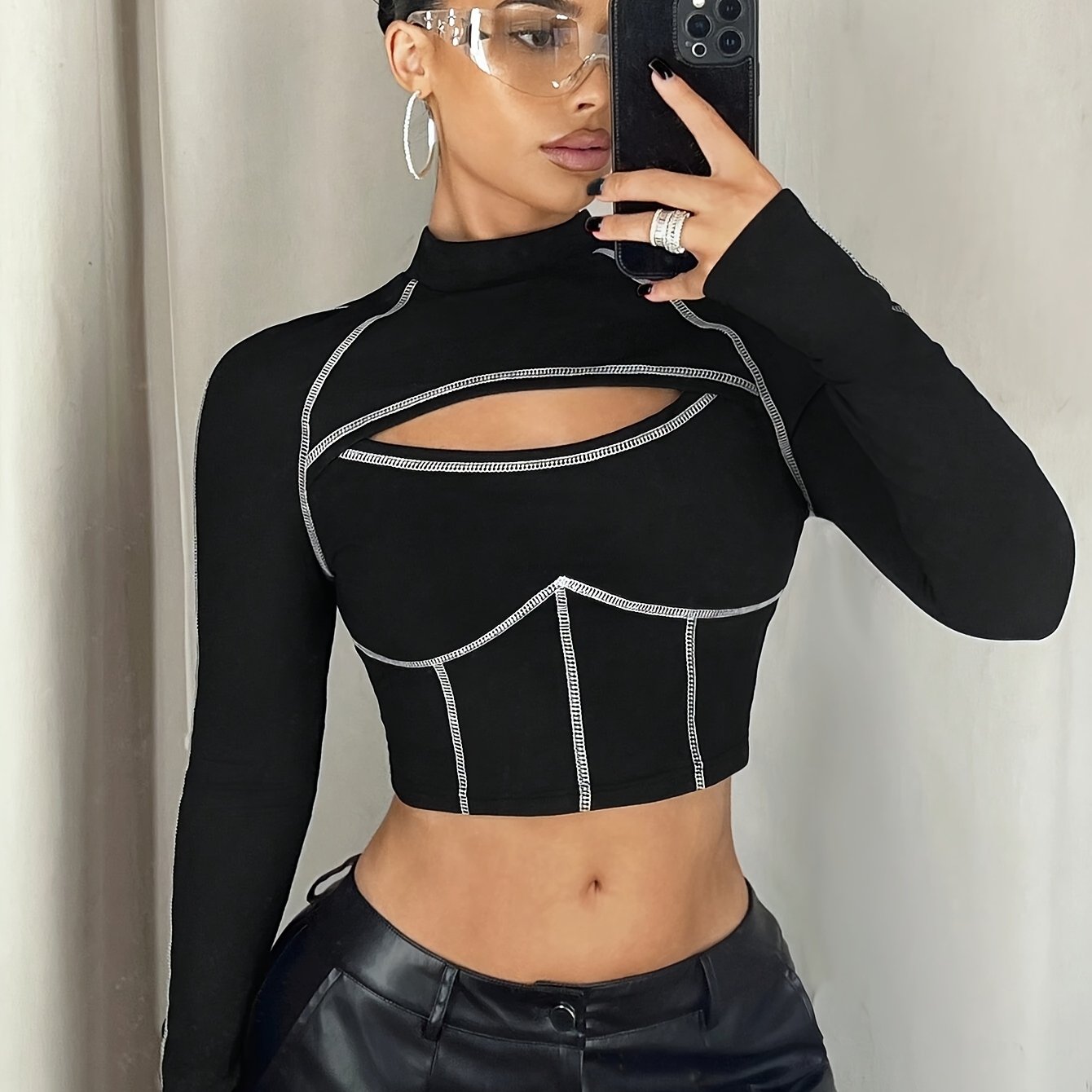 TEMU Women's Y2k Cropped Long Sleeve T-shirt - Slim Fit Stretchy Top With Cut-out Details, Small Round Neck Casual Streetwear, Machine Washable