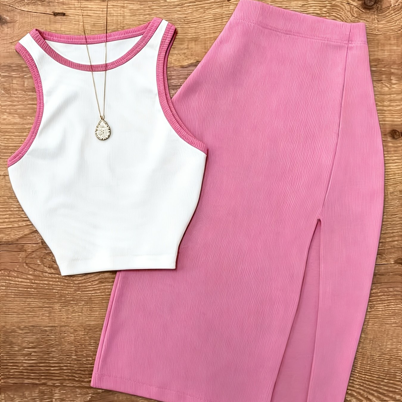 TEMU Women's Pit Strip Two-piece Set White Pink Short Tank Top And High-waist Bag Hip Split Half Skirt