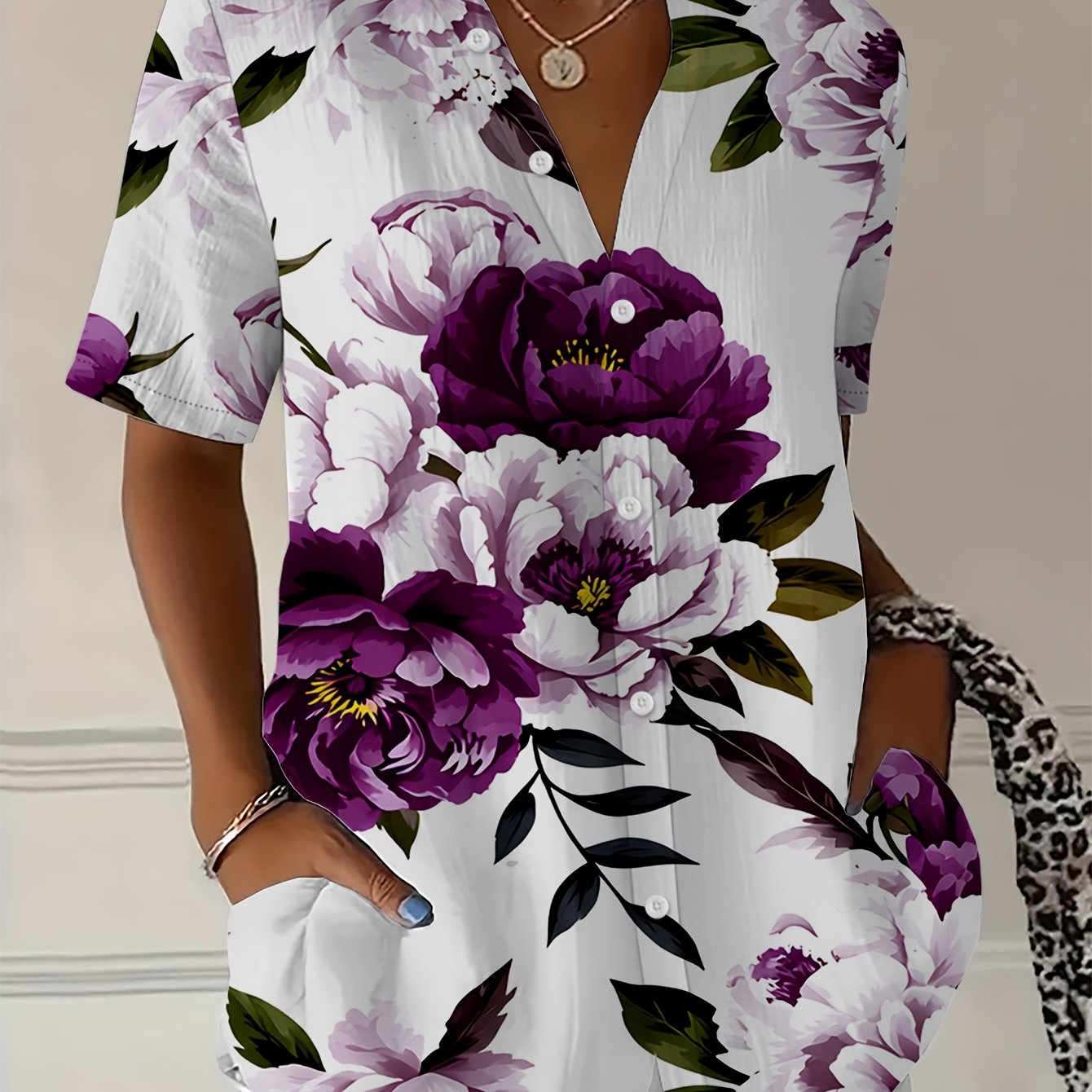 TEMU Standard Size Women's V-neck Lapel Short Sleeve Shirt, Beautiful Purple Peony Floral Print, Single-breasted Open Front Cardigan Style, Loose Fit