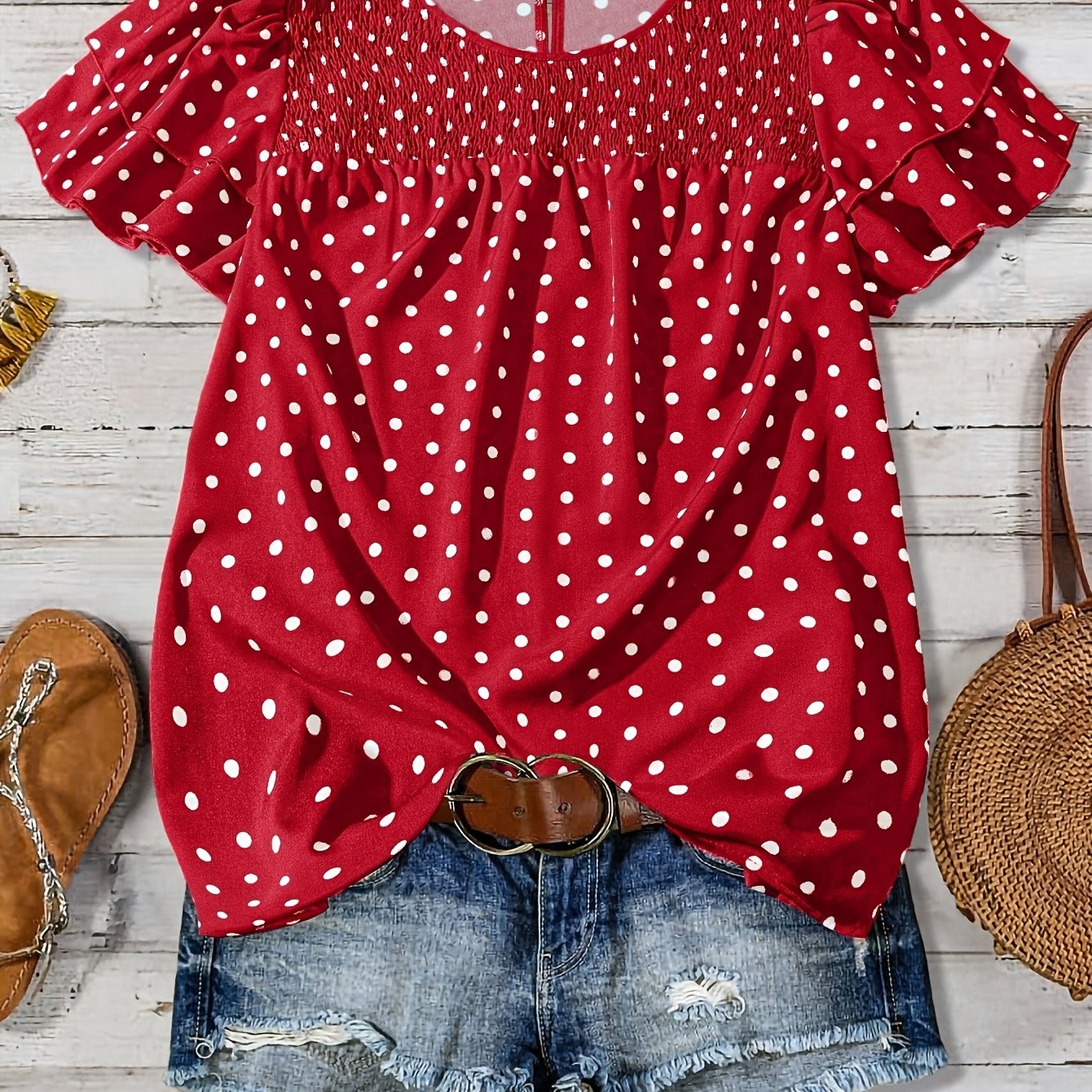 TEMU 2026 Spring Summer Women's Elegant Fashion Round Neck Short Sleeve Polka Dot Print Blouse Top