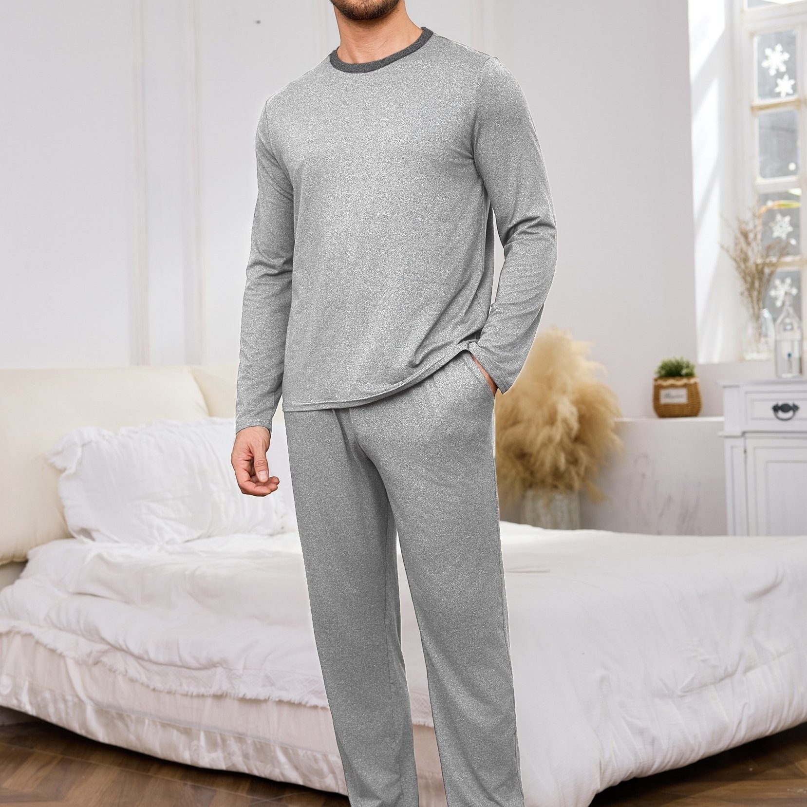 Image of Men' Contrast Ringer Crew Neck Long Sleeve Pajama Set, Gray Collar Trim Top And Elastic Waist Long Pants With Pockets, Soft 2pcs Sleepwear Loungewear