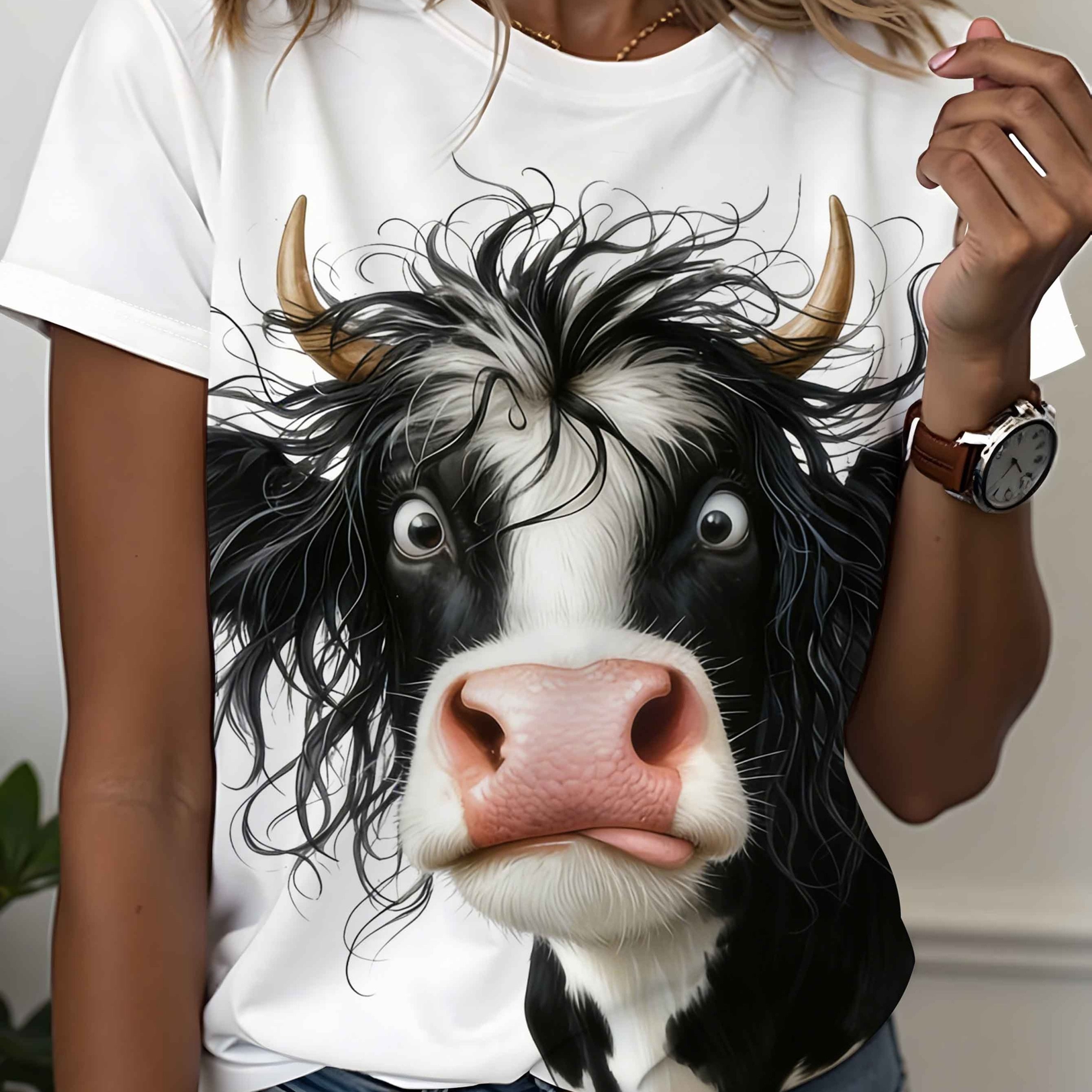 TEMU Cow Print T-shirt - Frizzed Cow Short Sleeve Blouse-compatible Top | Machine Washable Spring Summer Fall Casual Wear | Suitable For Spring,