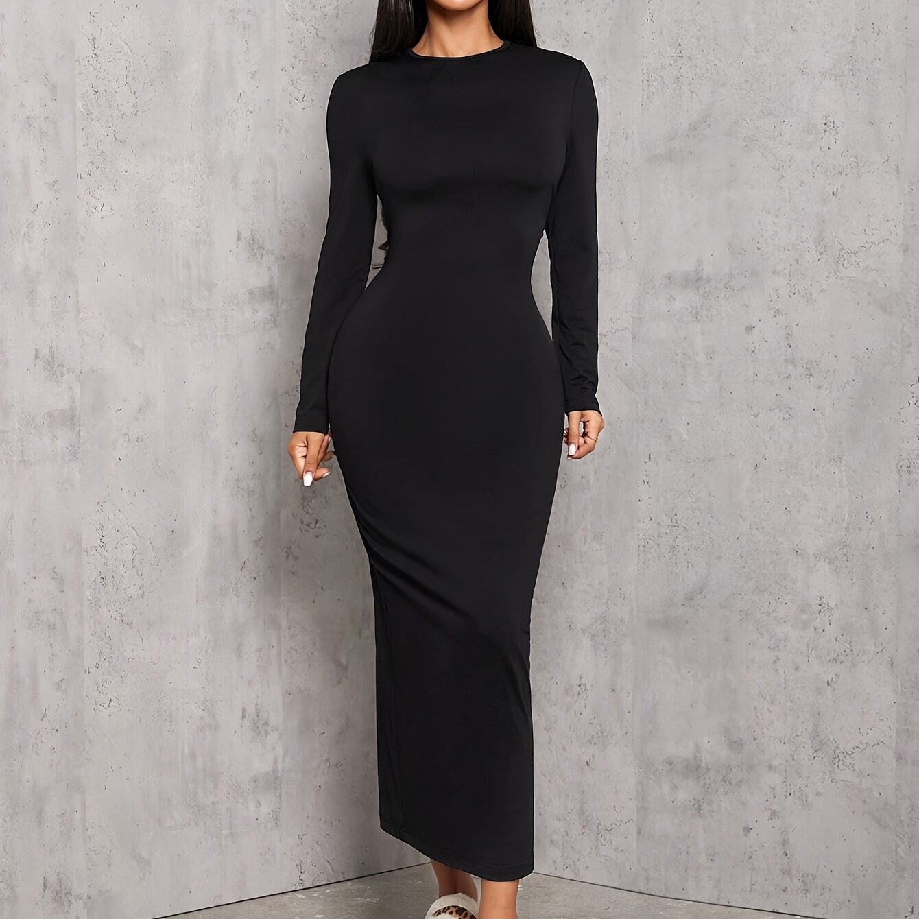 TEMU Women's Spring Autumn Solid Color Outing Vacation Home Elegant Black Long Sleeve Sexy -hugging Dress