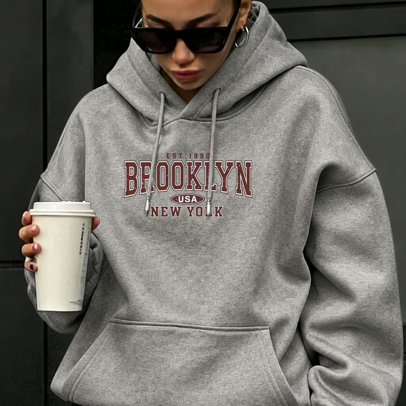 Image of Autumn Winter New Arrival Women's Loose Fit Hoodie With Brooklyn Usa Pattern, Style, Warm Thermal Top For Daily Wear & Outdoor, Front Pocket Drop Shoulder