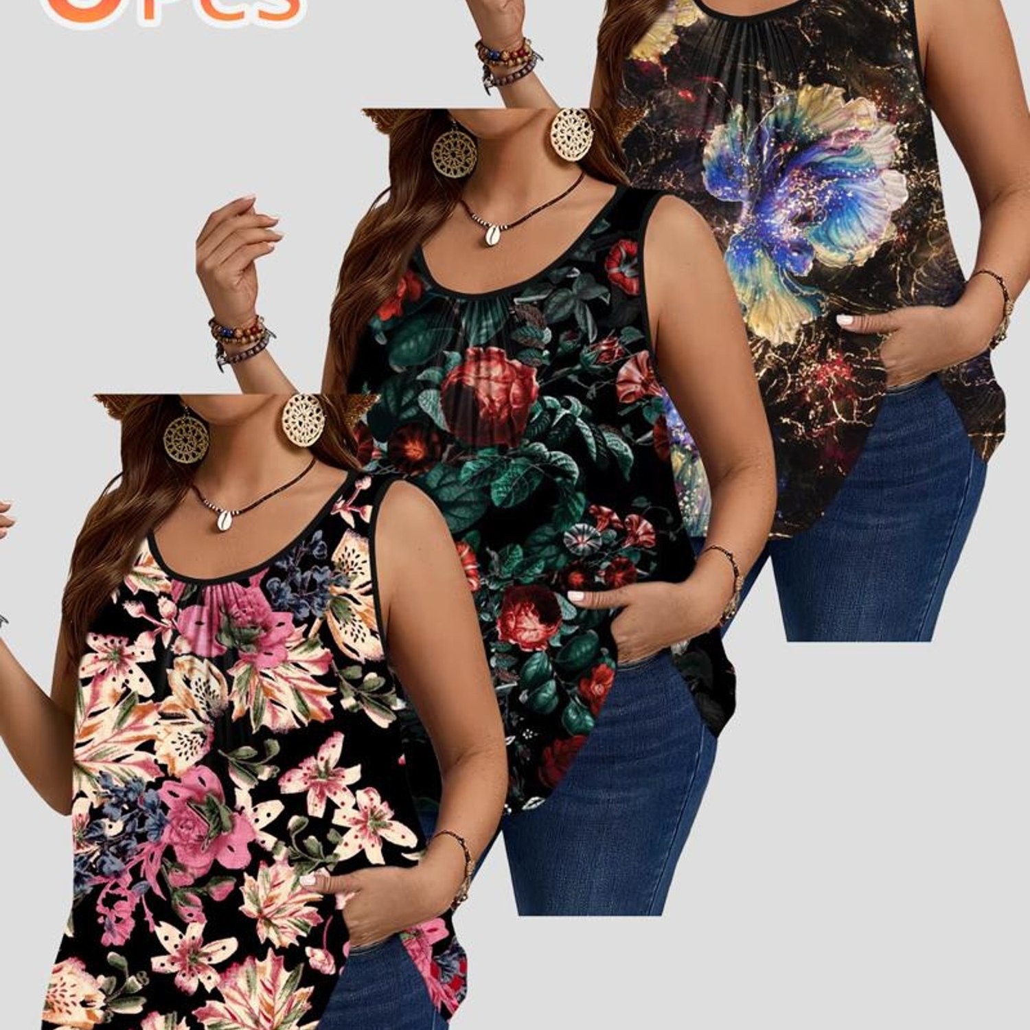 TEMU Plus Size - [3pcs Set] Plus Size Women's Tank Top, Oil Painting Style Colorful Floral Top