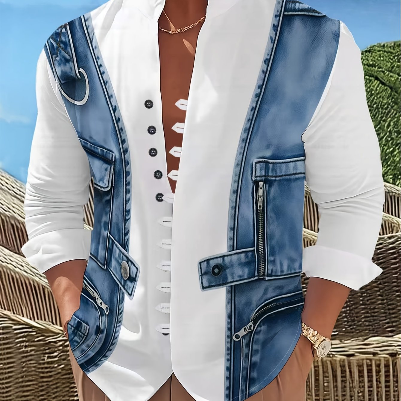 TEMU Summer Lightweight Stand-collar Long-sleeve Shirt, Business-casual Breathable Men's Dress Shirt, Corresponding To Specific Types Of Visual